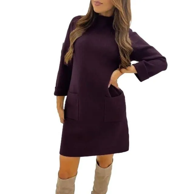 DressBetty - Women Autumn Winter Oversize Loose Pocket Round Neck Boutique De Velvet Long Sleeve Dress Female Warm Straight Dress