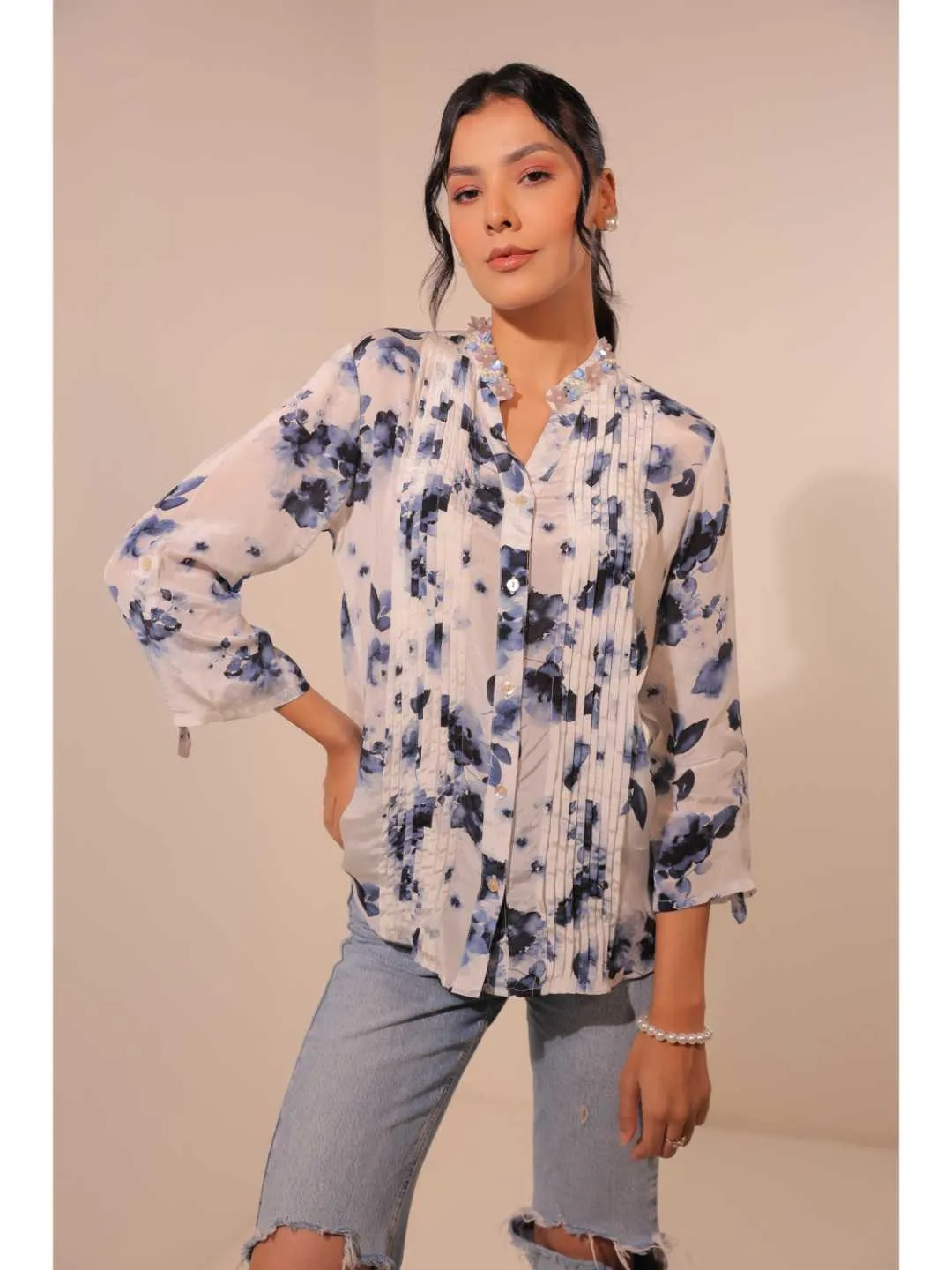 elegant natural crepe abstract floral printed hand embellished mandarin collar, pin tucks, roll-up sleeve top. - White