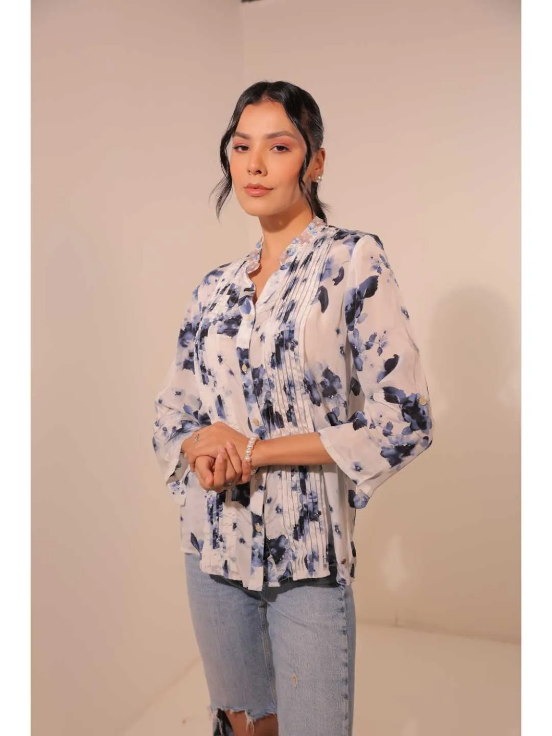 elegant natural crepe abstract floral printed hand embellished mandarin collar, pin tucks, roll-up sleeve top. - White