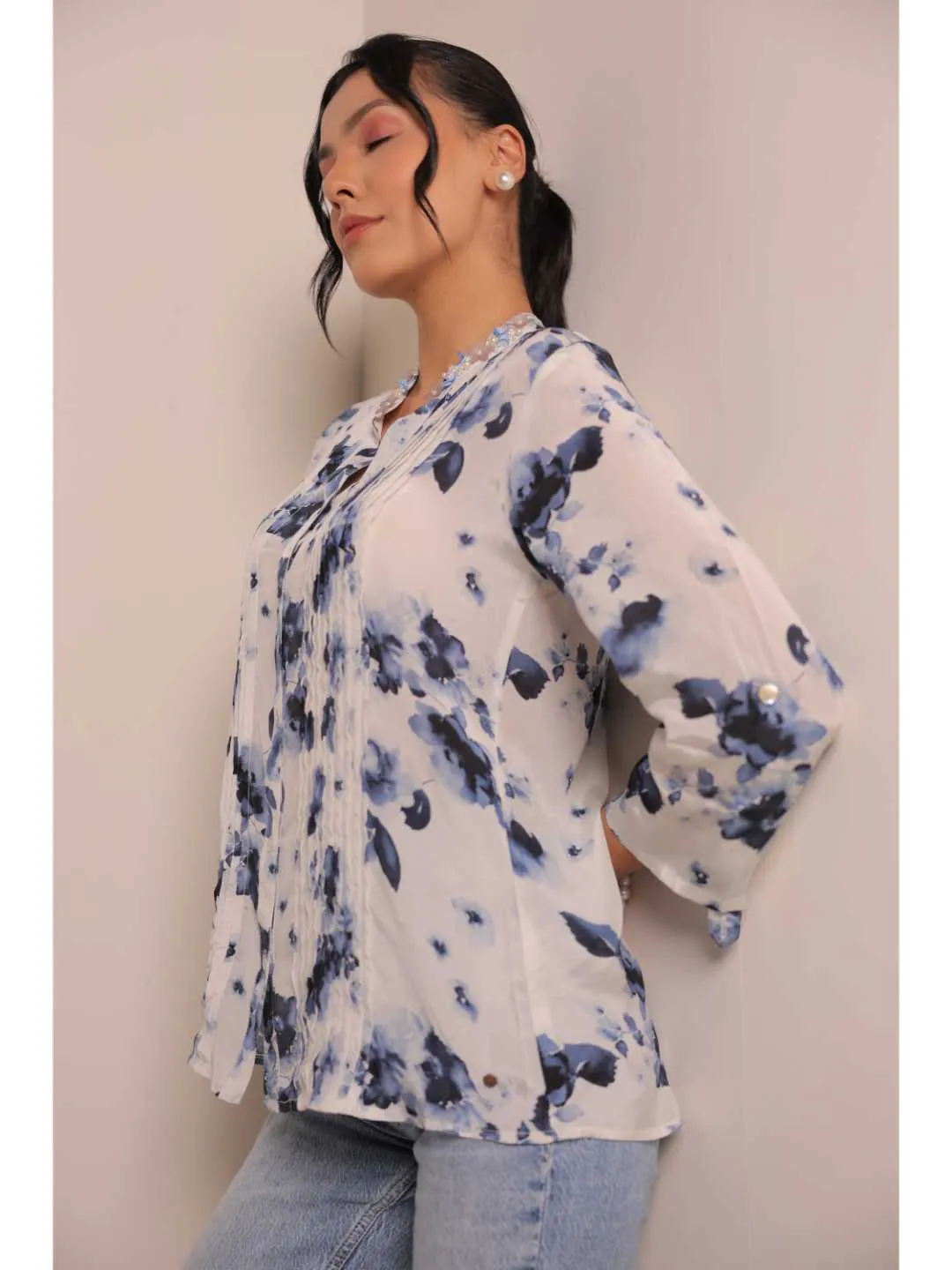 elegant natural crepe abstract floral printed hand embellished mandarin collar, pin tucks, roll-up sleeve top. - White