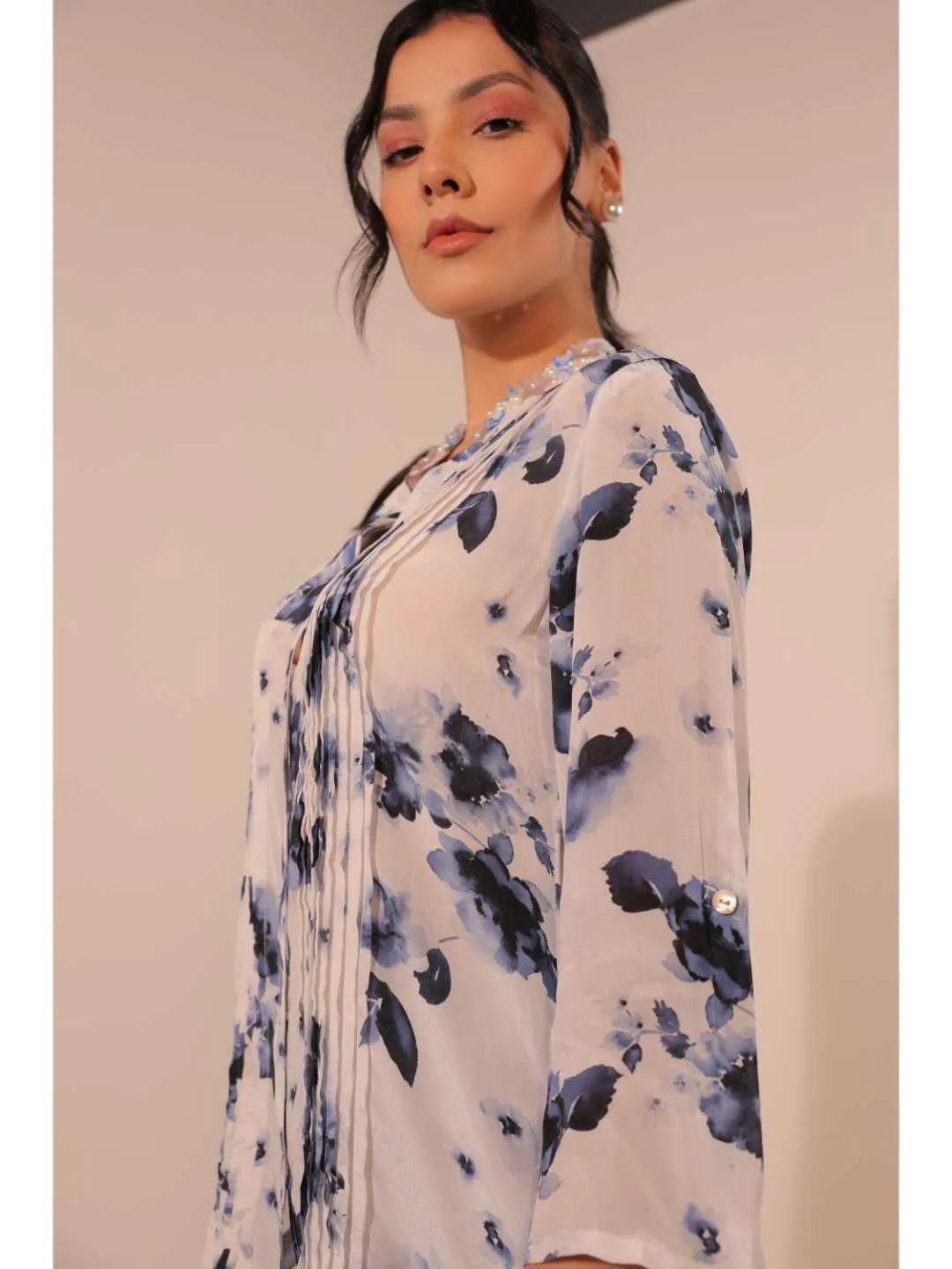 elegant natural crepe abstract floral printed hand embellished mandarin collar, pin tucks, roll-up sleeve top. - White