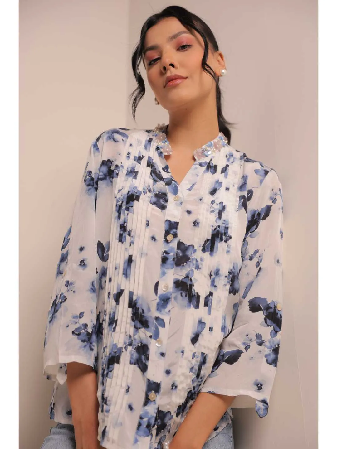 elegant natural crepe abstract floral printed hand embellished mandarin collar, pin tucks, roll-up sleeve top. - White