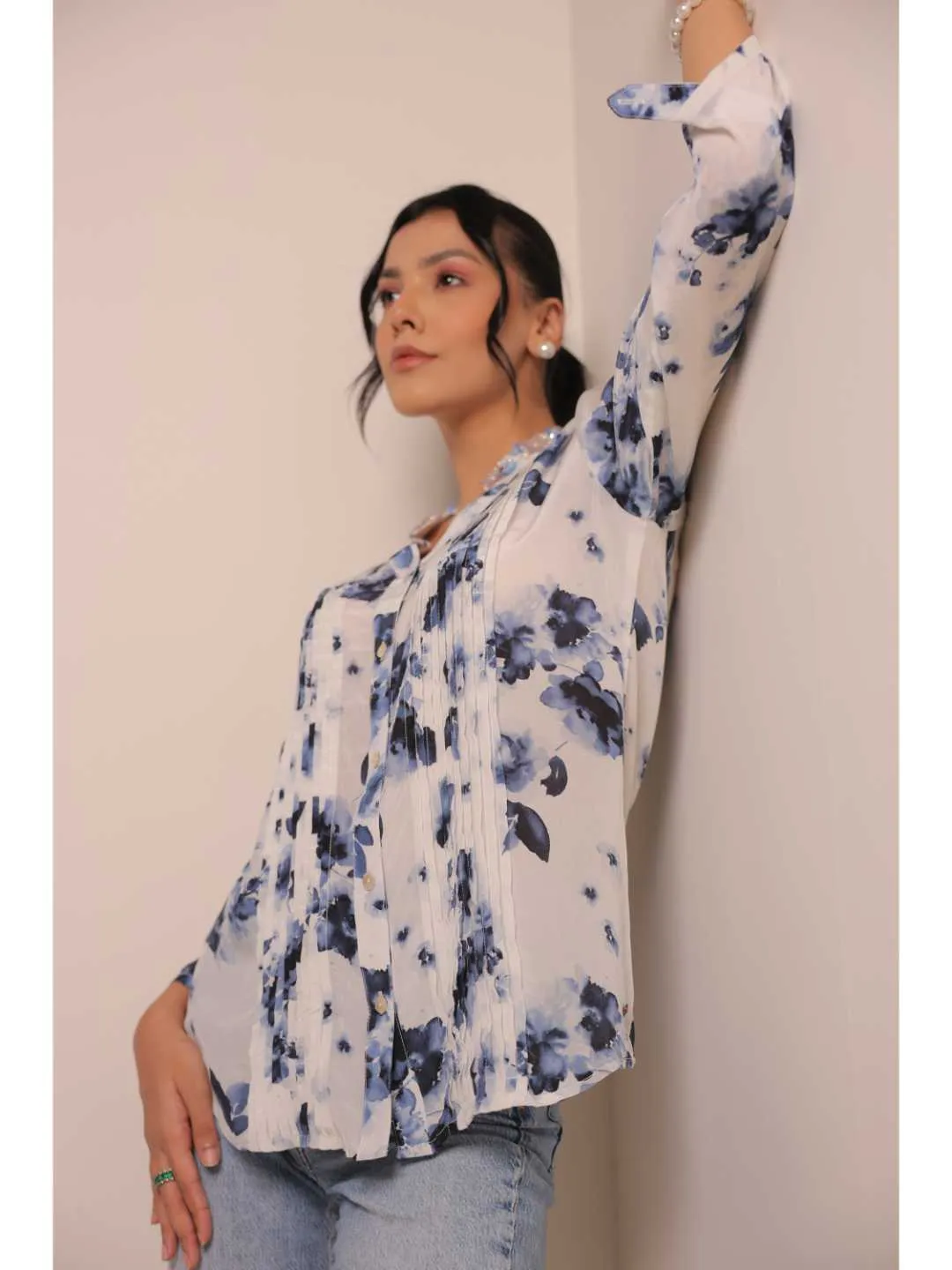 elegant natural crepe abstract floral printed hand embellished mandarin collar, pin tucks, roll-up sleeve top. - White