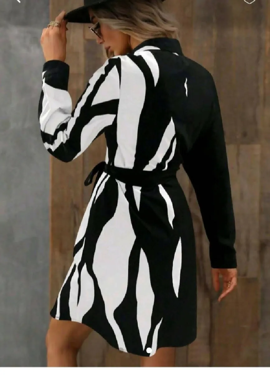 Fashion Beauty Style 7 Black & White Belted Shirt Dress