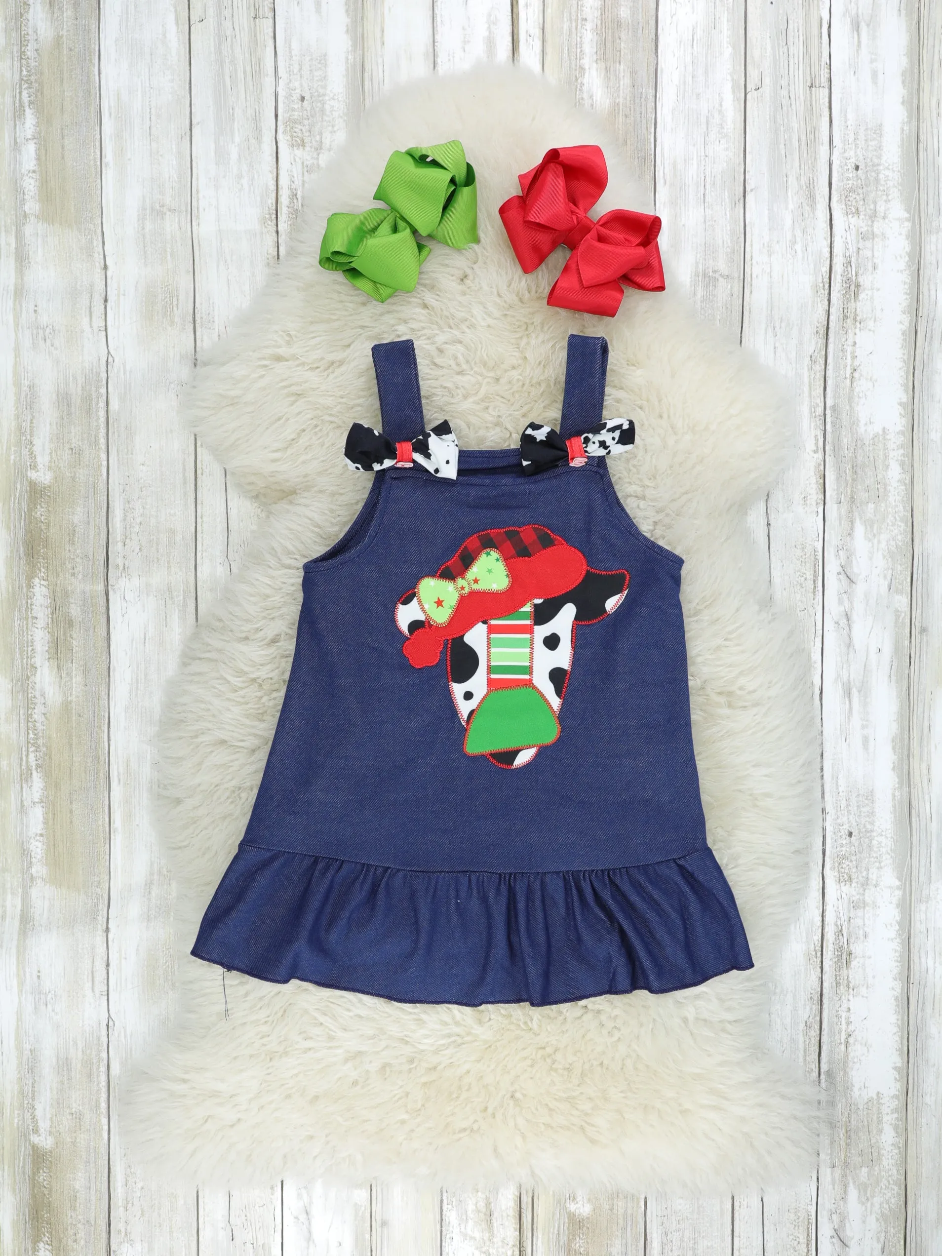 Festive Cow Ruffle Overall Dress