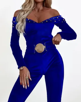 Fitted Velvet Jumpsuits – Golden accents Royal Belt