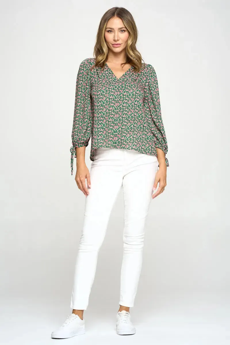 Floral Print Top With Self Tie Sleeves