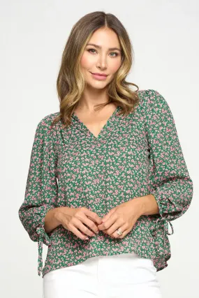 Floral Print Top With Self Tie Sleeves