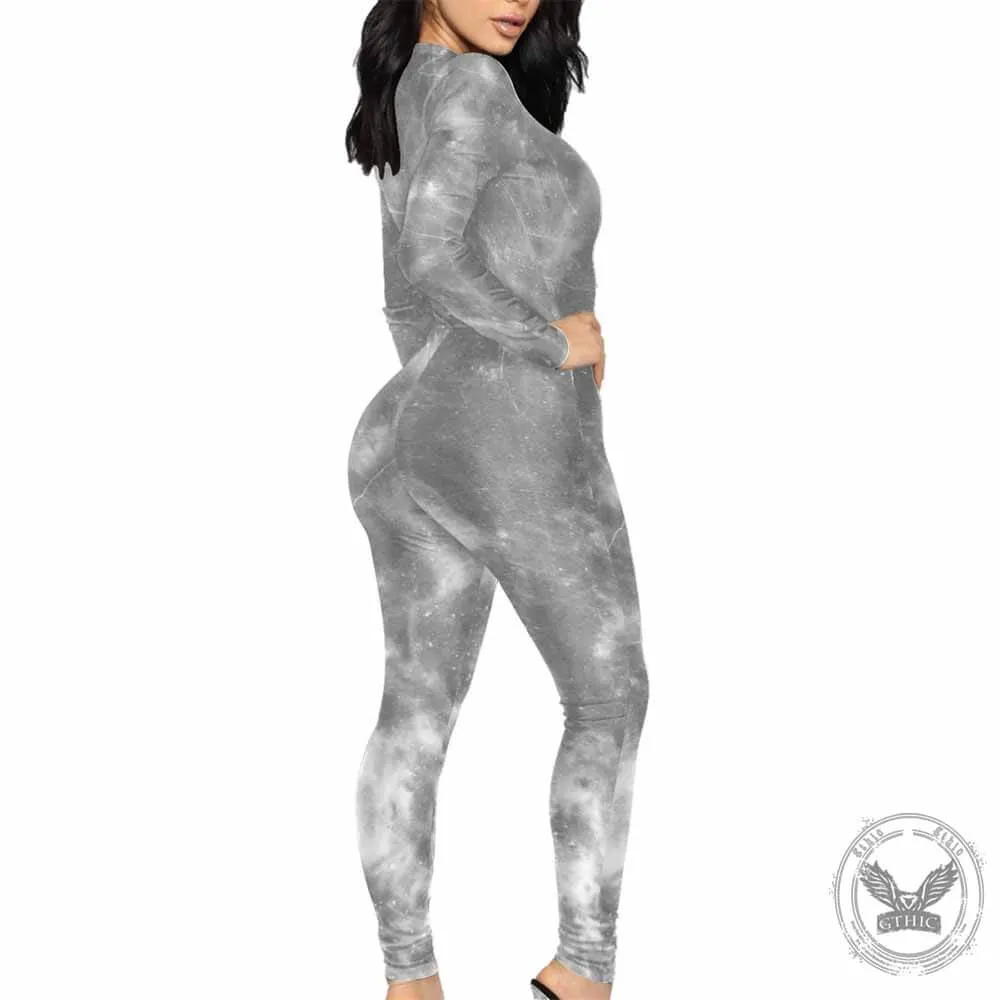 Gray Marble Texture Print Sexy Zipper Skinny Jumpsuit