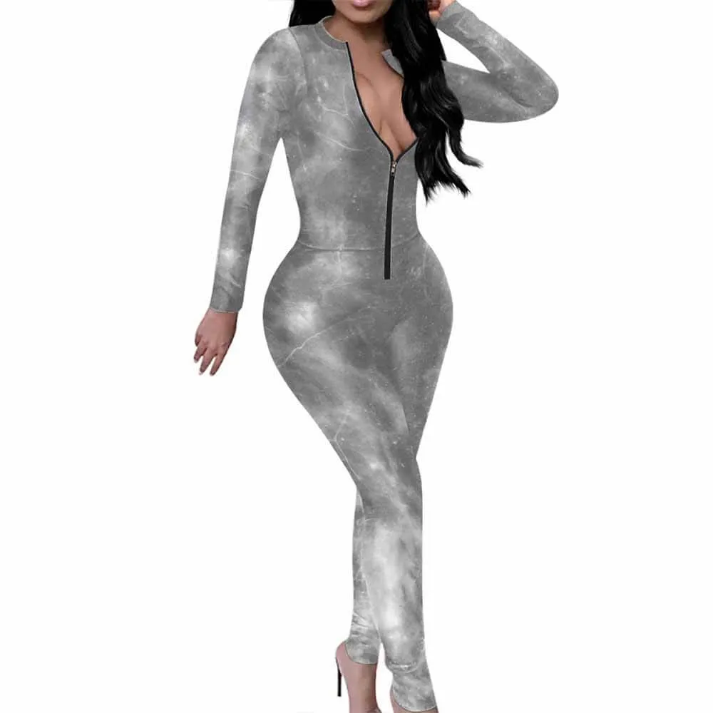 Gray Marble Texture Print Sexy Zipper Skinny Jumpsuit