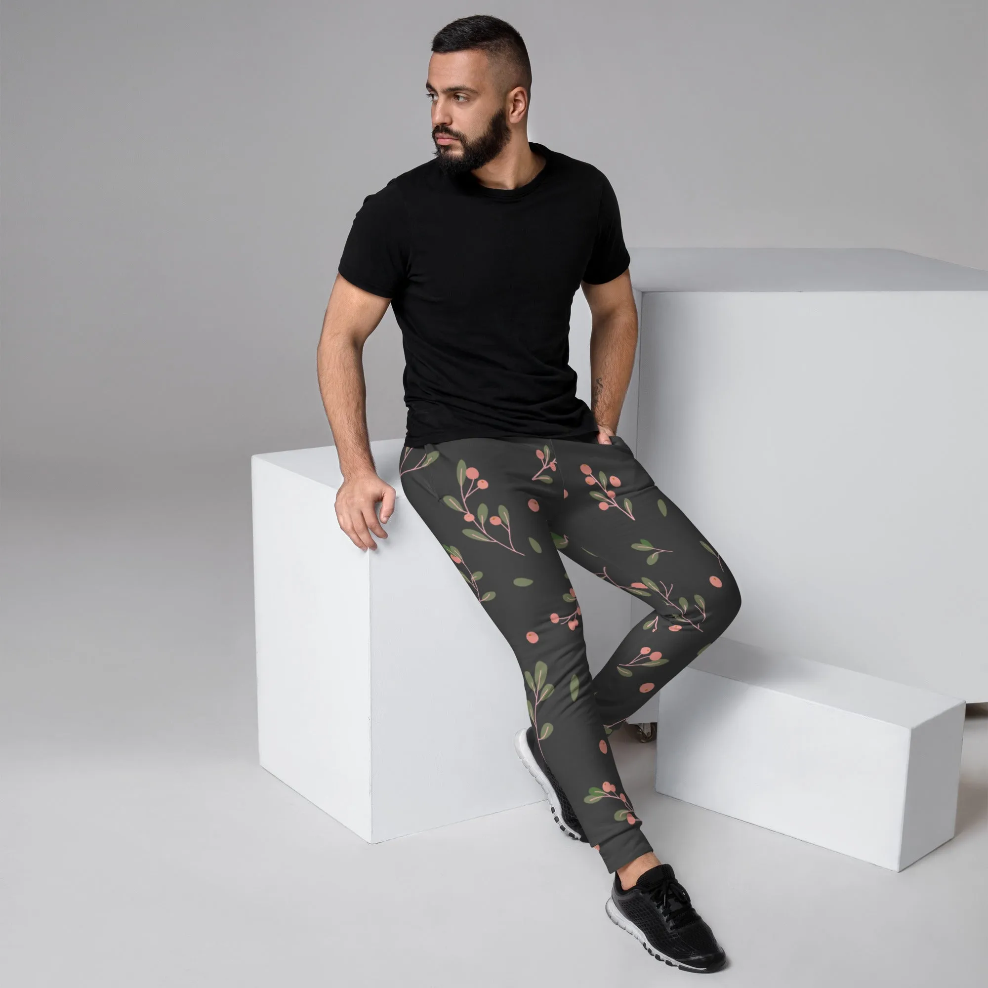 Green Pink Floral Men's Joggers, Grey Floral Print Designer Slim-Fit Ultra Soft Comfy Men's Pants - Made in USA/EU/MX