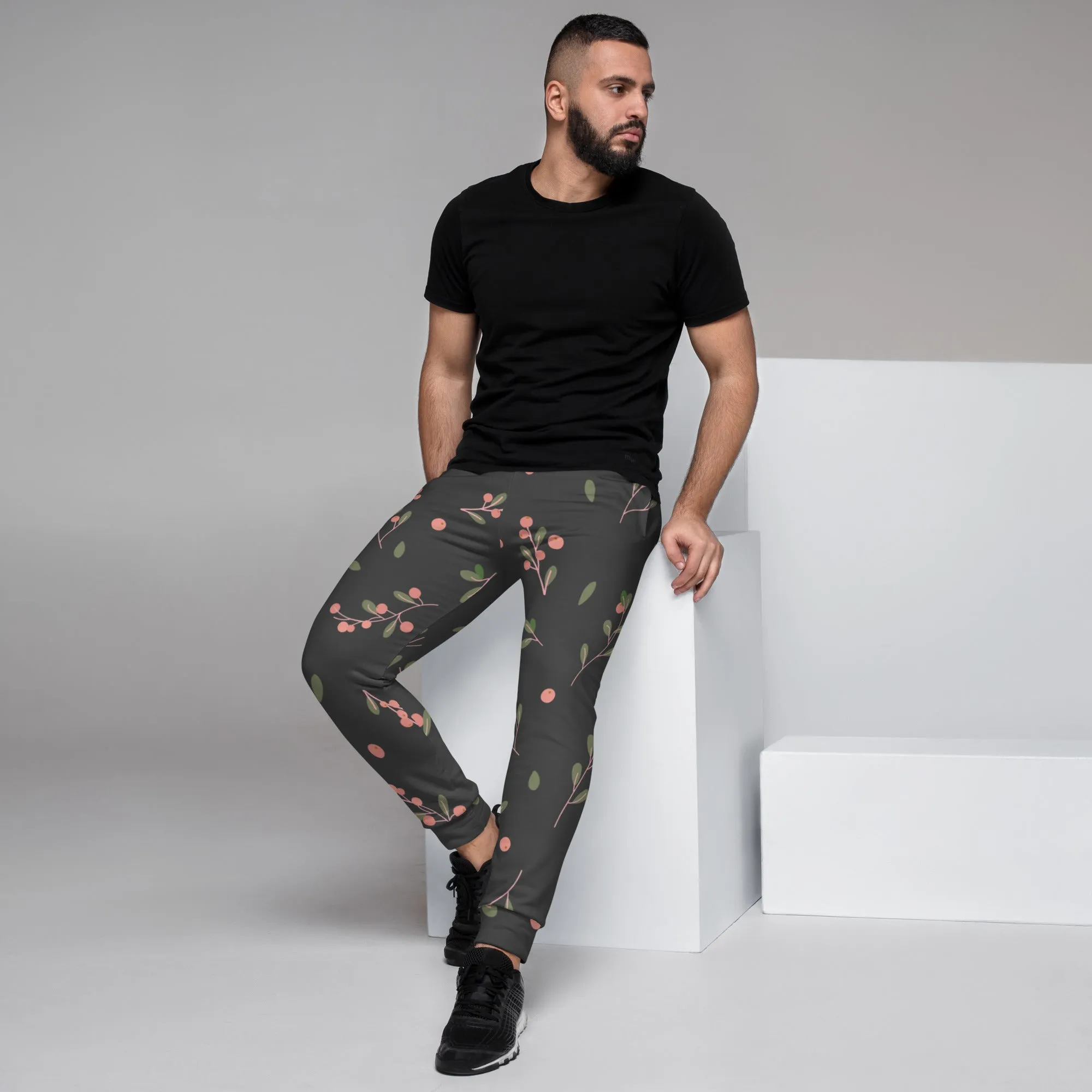 Green Pink Floral Men's Joggers, Grey Floral Print Designer Slim-Fit Ultra Soft Comfy Men's Pants - Made in USA/EU/MX