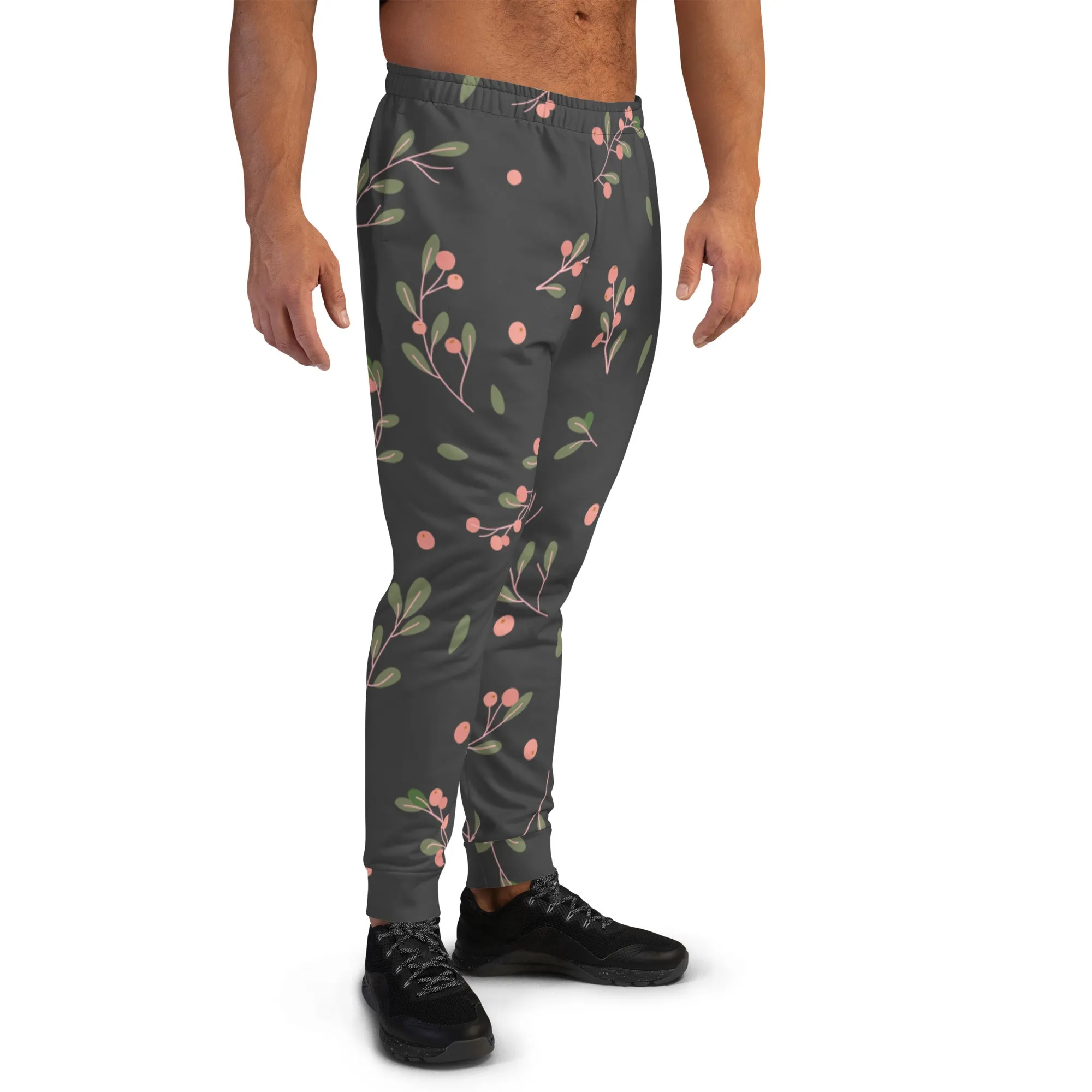 Green Pink Floral Men's Joggers, Grey Floral Print Designer Slim-Fit Ultra Soft Comfy Men's Pants - Made in USA/EU/MX