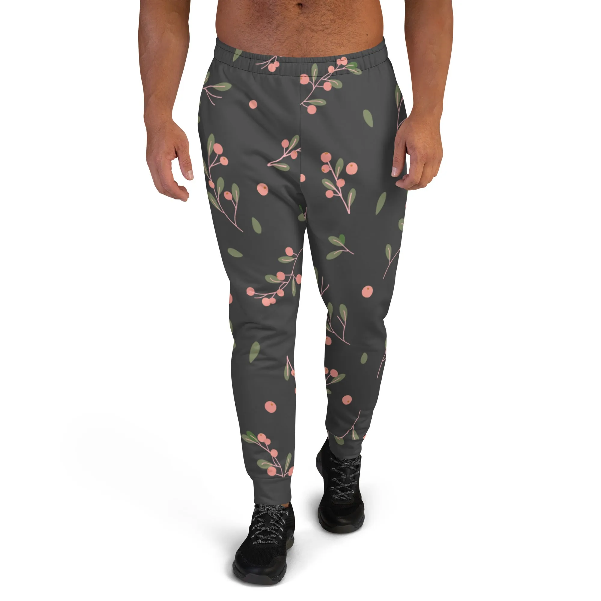 Green Pink Floral Men's Joggers, Grey Floral Print Designer Slim-Fit Ultra Soft Comfy Men's Pants - Made in USA/EU/MX