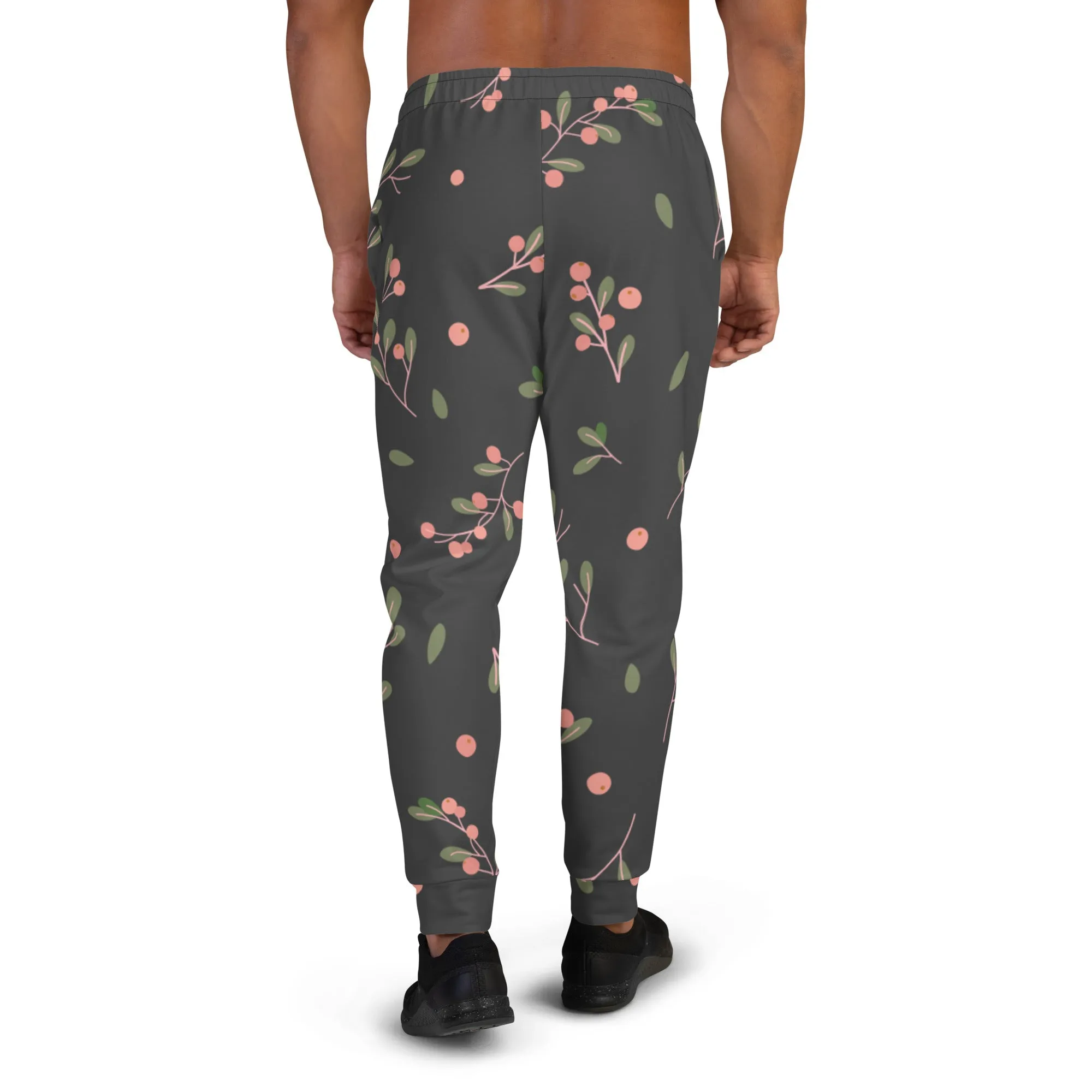 Green Pink Floral Men's Joggers, Grey Floral Print Designer Slim-Fit Ultra Soft Comfy Men's Pants - Made in USA/EU/MX