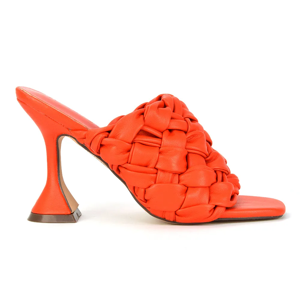 Jaci Woven Sandal Strap Square Toe Sculptured Flared Low mid High Heel Mules in Orange Synthetic Leather