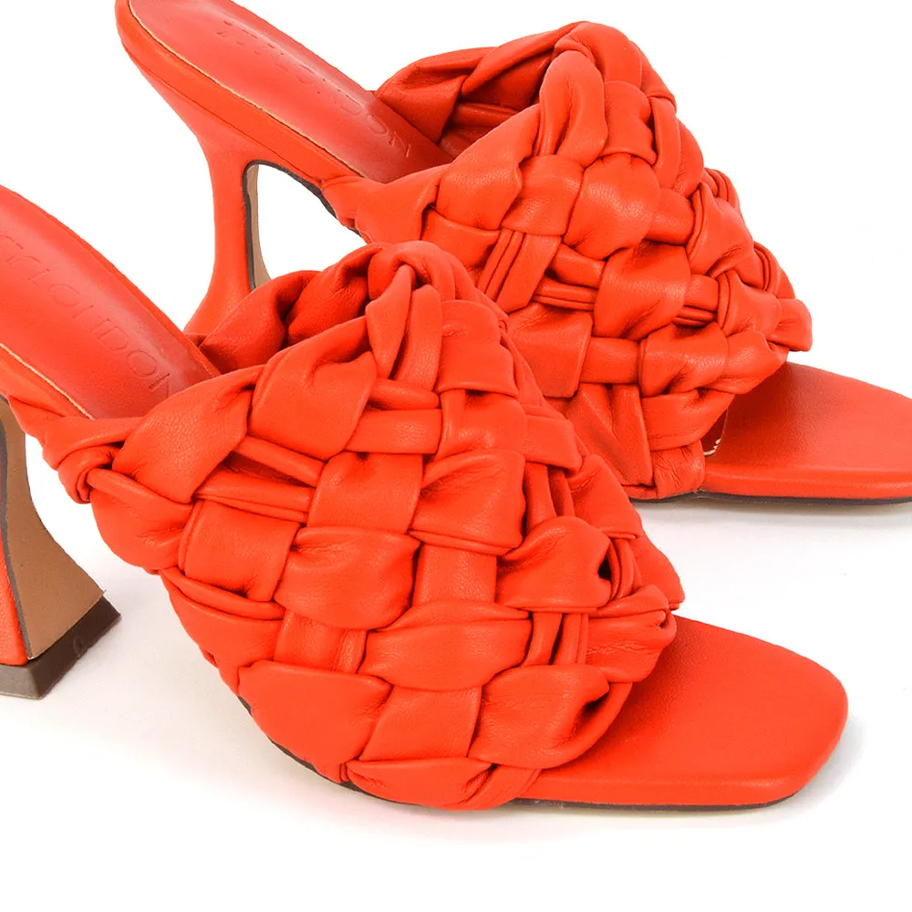 Jaci Woven Sandal Strap Square Toe Sculptured Flared Low mid High Heel Mules in Orange Synthetic Leather