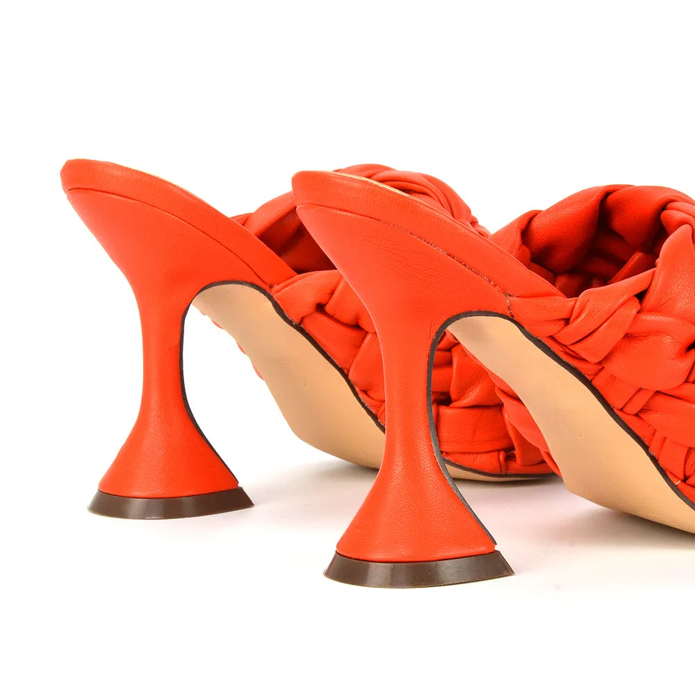 Jaci Woven Sandal Strap Square Toe Sculptured Flared Low mid High Heel Mules in Orange Synthetic Leather