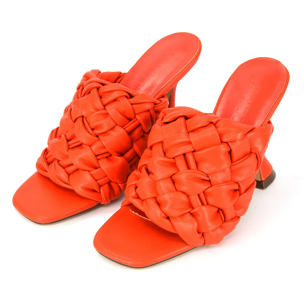 Jaci Woven Sandal Strap Square Toe Sculptured Flared Low mid High Heel Mules in Orange Synthetic Leather