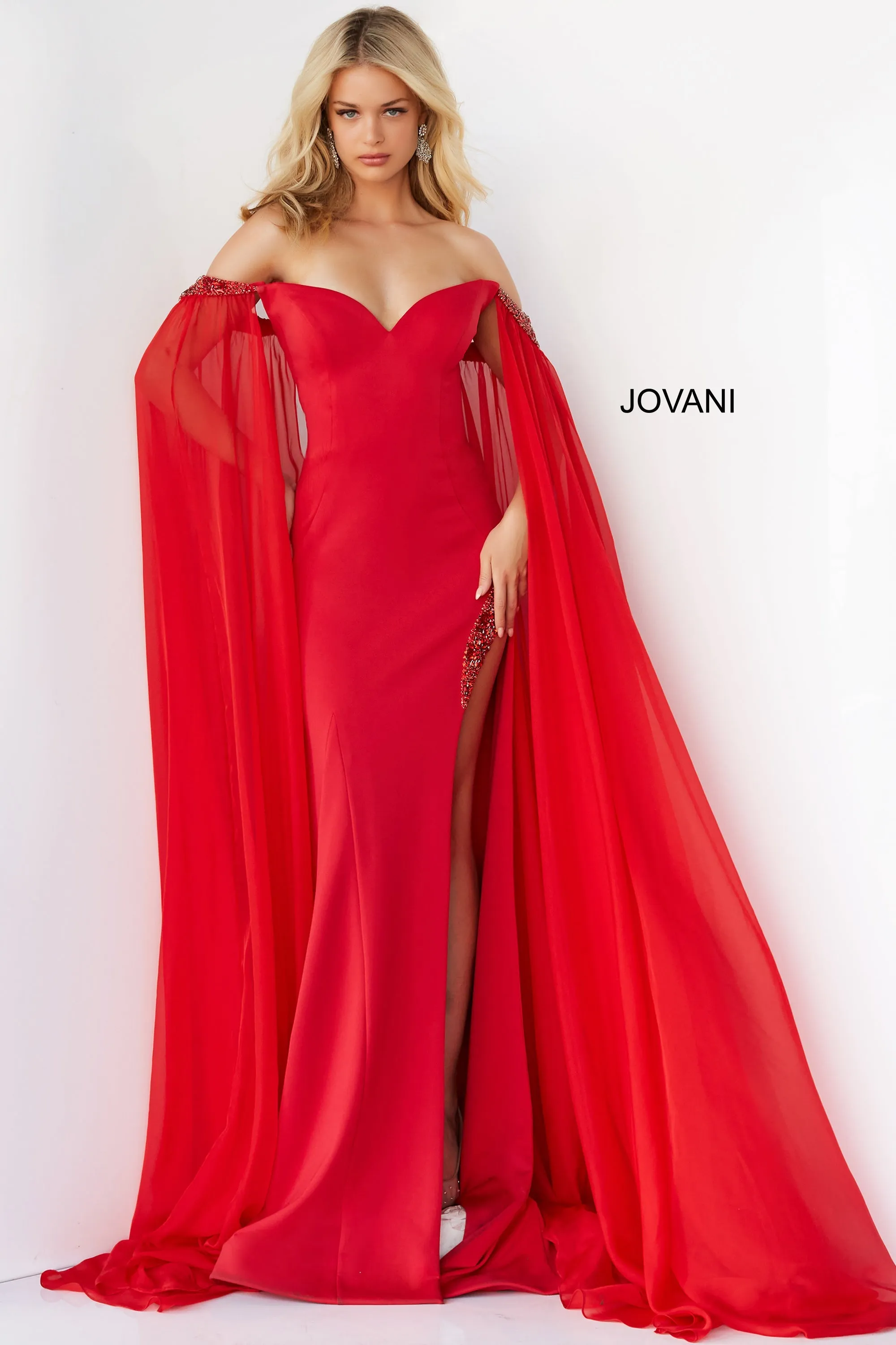 Jovani 07652 Size 8 Red Prom Dress Cape Sleeves Pageant Gown Off the Shoulder Sweetheart Neckline Slit