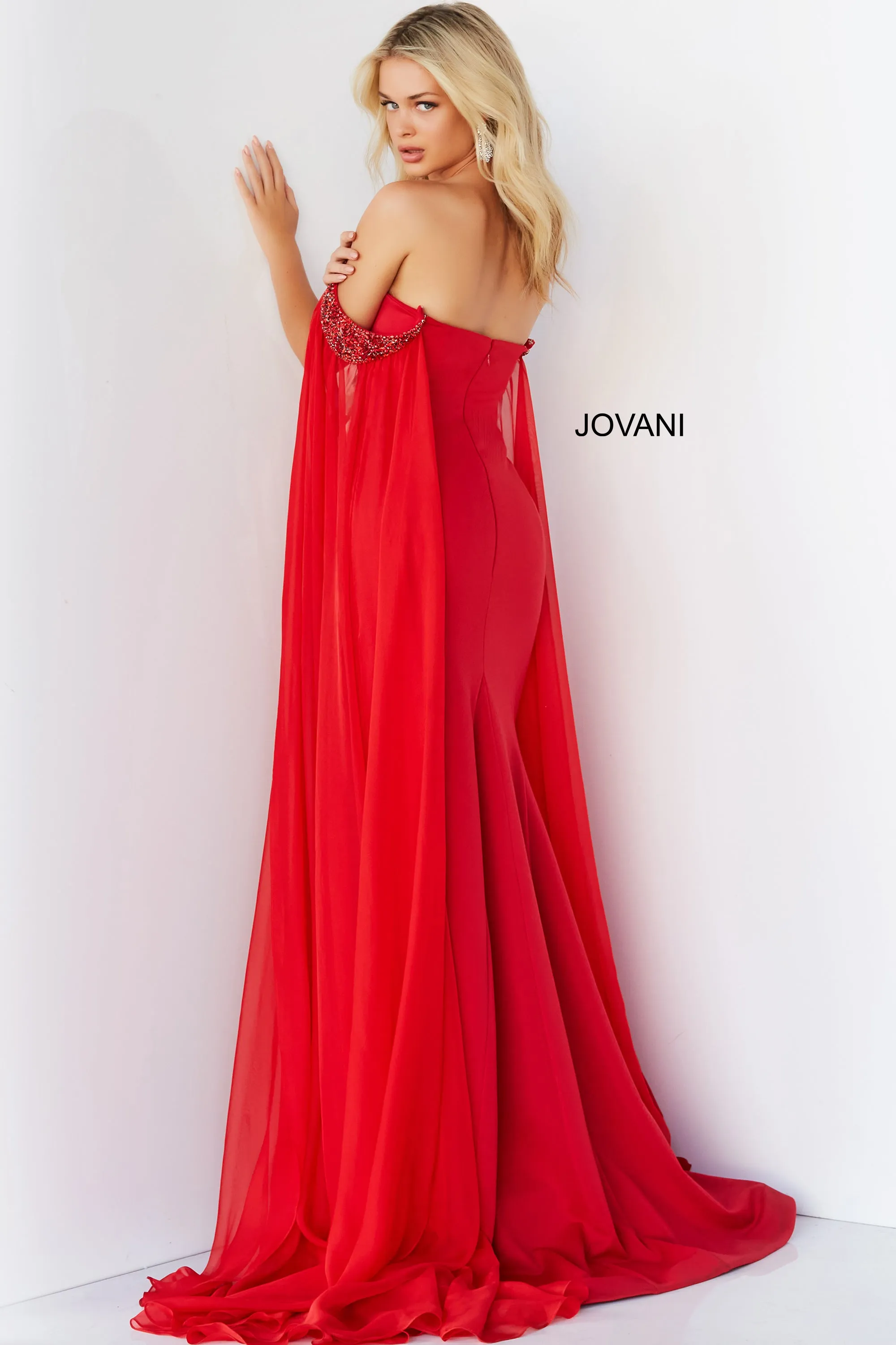 Jovani 07652 Size 8 Red Prom Dress Cape Sleeves Pageant Gown Off the Shoulder Sweetheart Neckline Slit