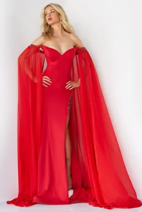 Jovani 07652 Size 8 Red Prom Dress Cape Sleeves Pageant Gown Off the Shoulder Sweetheart Neckline Slit