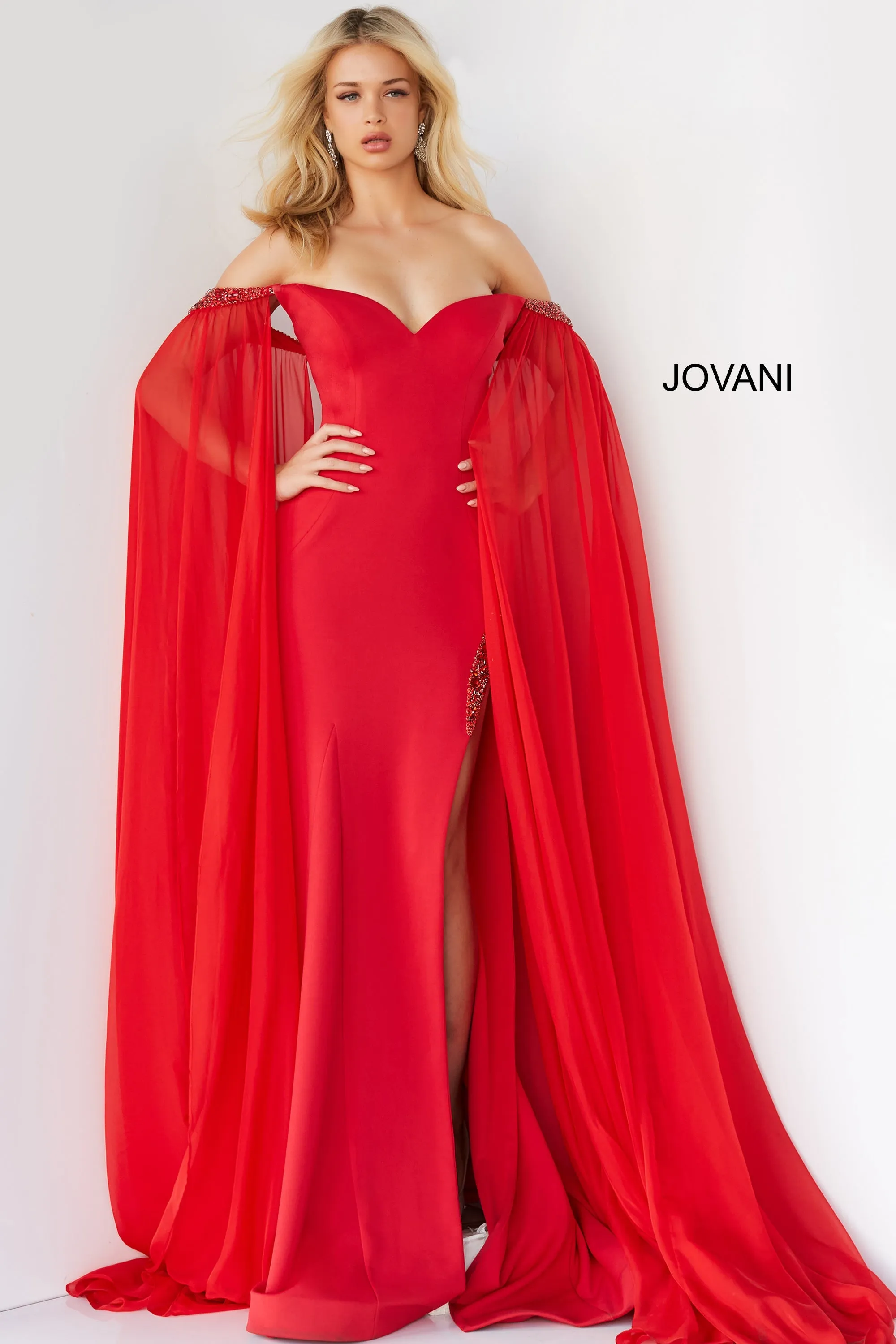 Jovani 07652 Size 8 Red Prom Dress Cape Sleeves Pageant Gown Off the Shoulder Sweetheart Neckline Slit