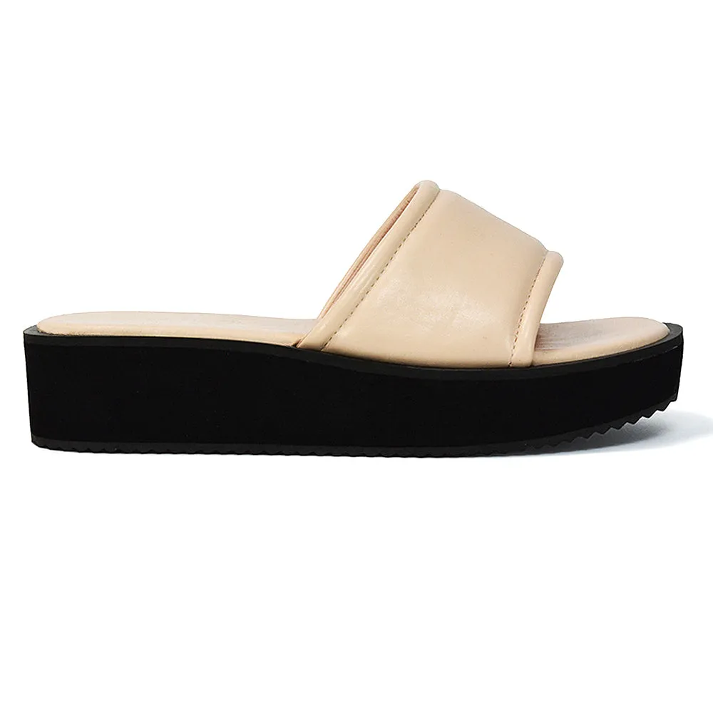 Julian Cleated Sole Slip on Flatform Sandal Slippers in Black Synthetic Leather