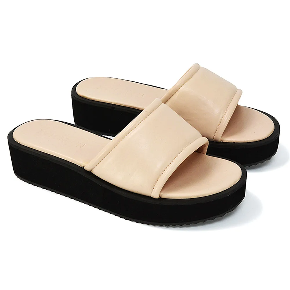 Julian Cleated Sole Slip on Flatform Sandal Slippers in Black Synthetic Leather