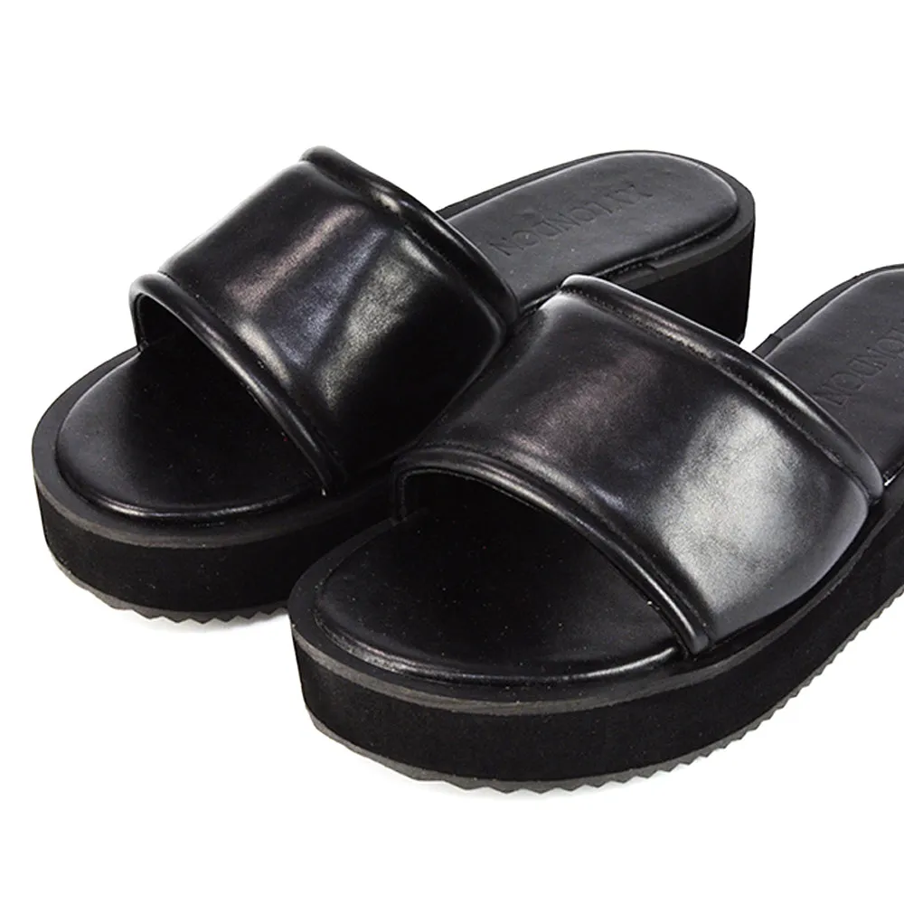 Julian Cleated Sole Slip on Flatform Sandal Slippers in Black Synthetic Leather