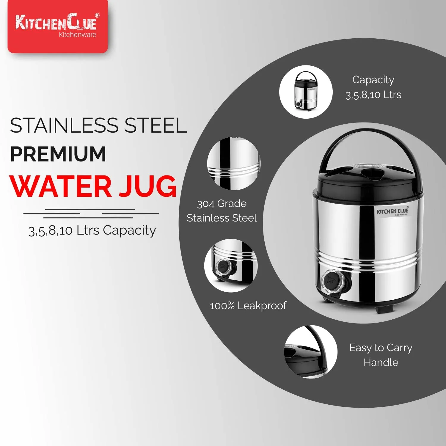 KITCHEN CLUE Stainless Steel Hot and Cold Water Jug 5 Liters, Silver - Aqua 6 Model - PUF Insulated Steel Body - Keeps Beverages Hot and Cold & Fresh for Long Hours - Highly Durable - Water Dispenser