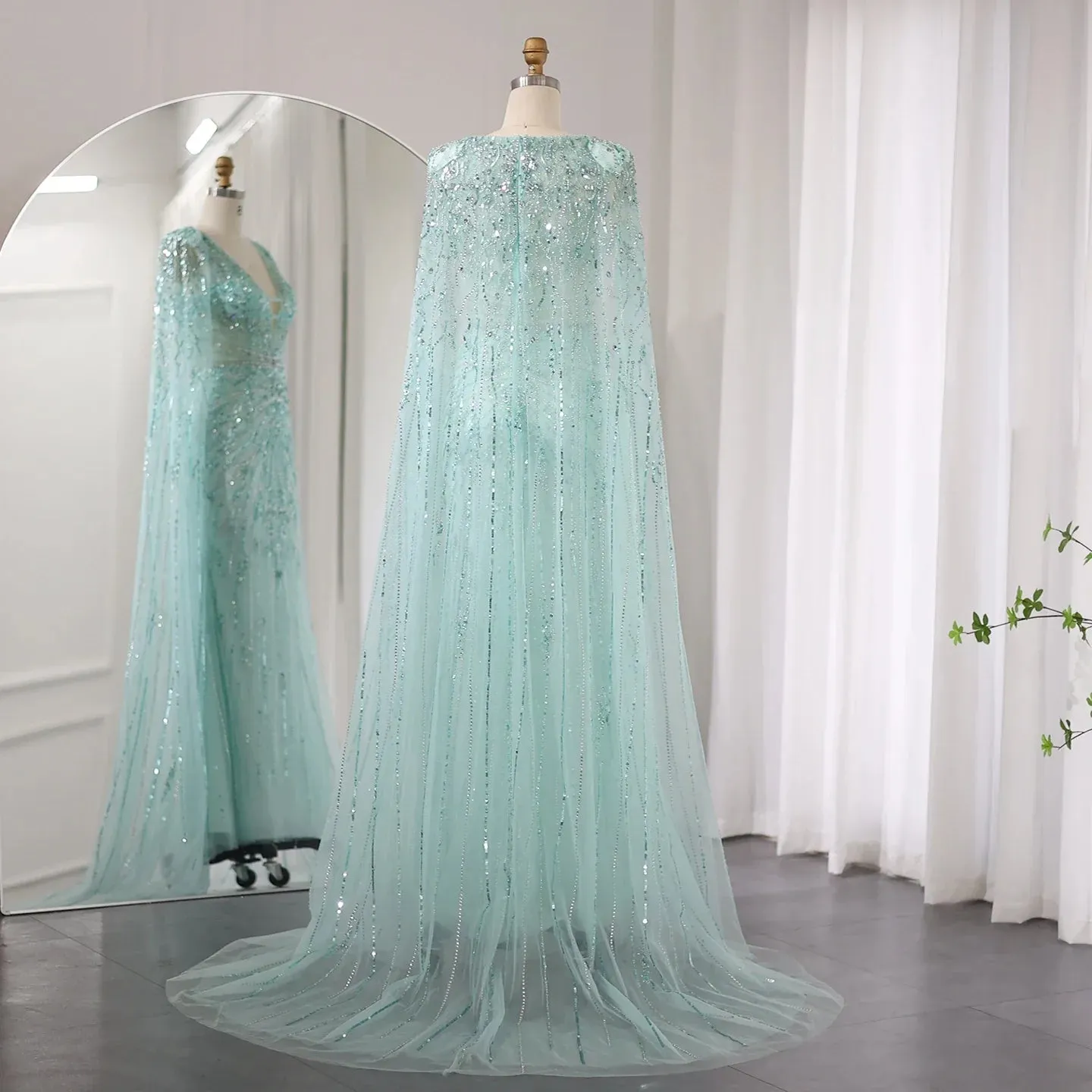 Luxury Turquoise V-Neck Evening Dress with Cape SS397