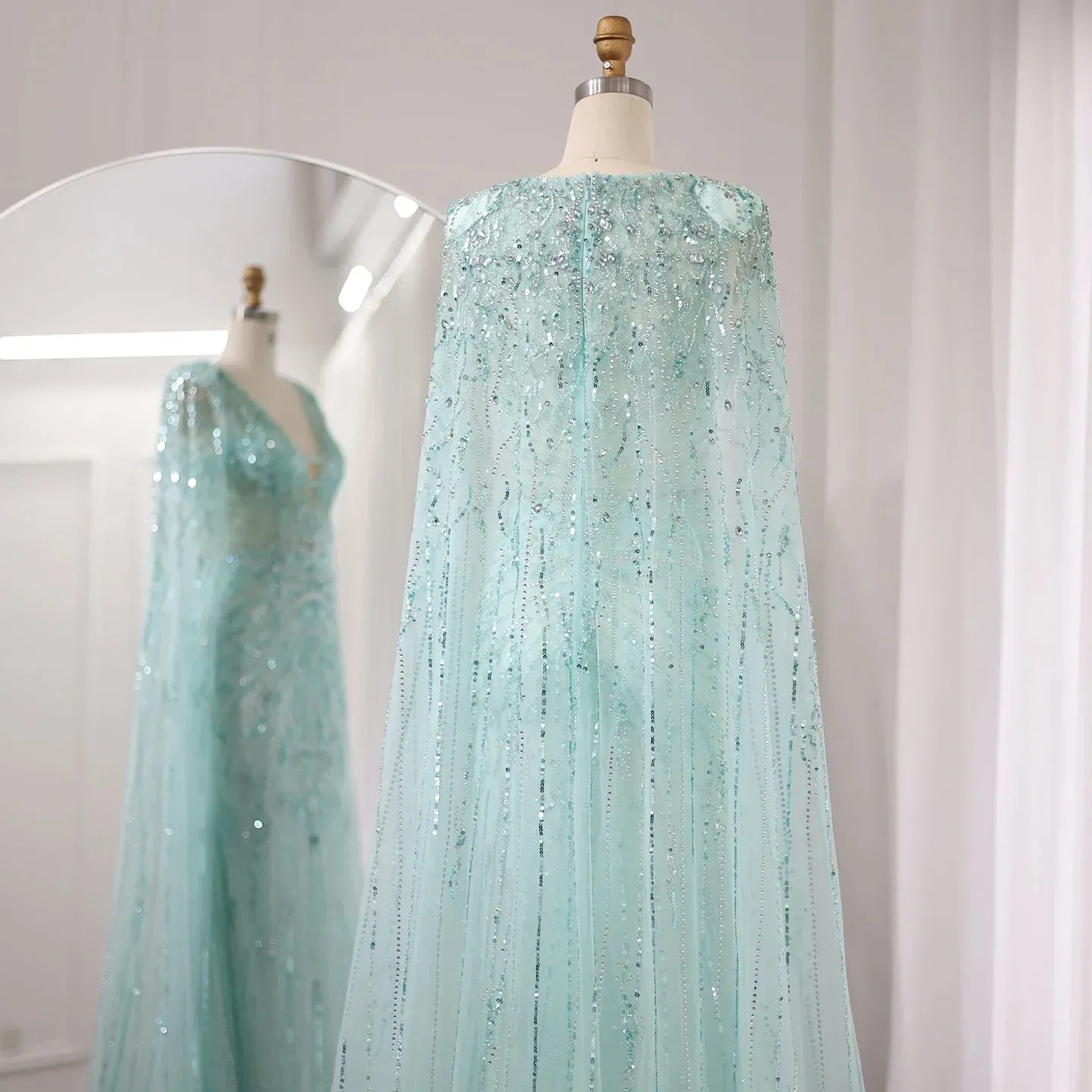 Luxury Turquoise V-Neck Evening Dress with Cape SS397