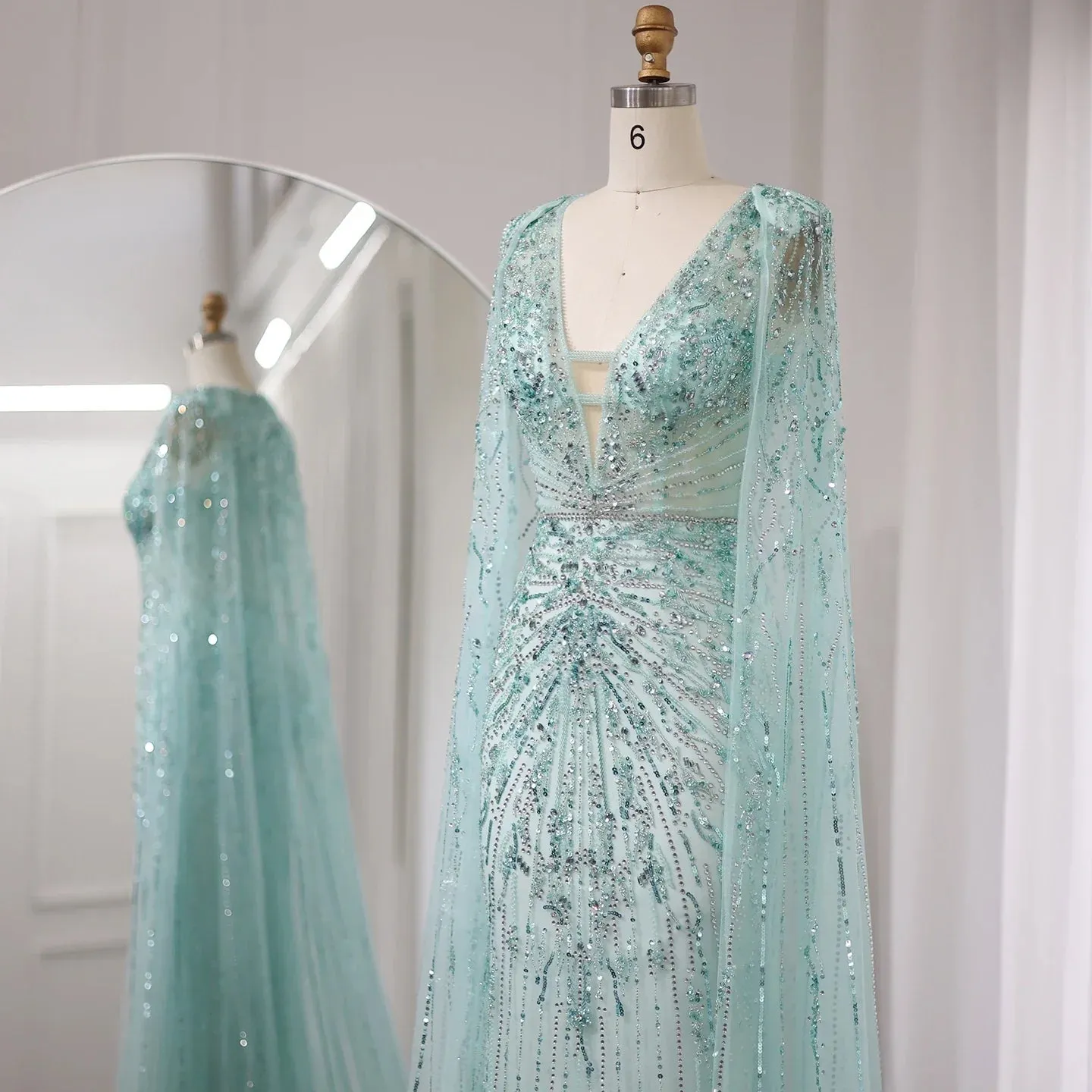 Luxury Turquoise V-Neck Evening Dress with Cape SS397