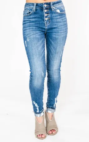 Med Wash Button Fly High Rise Skinny Jeans - Vervet