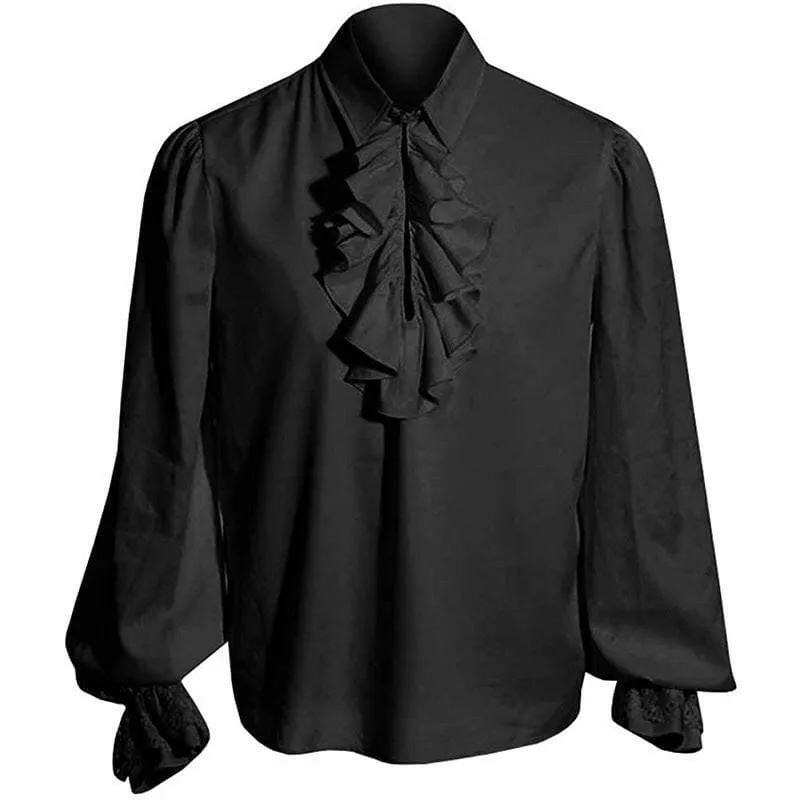 Mens Renaissance Steampunk Ruffle Fronted Lace Cuff Black Shirt