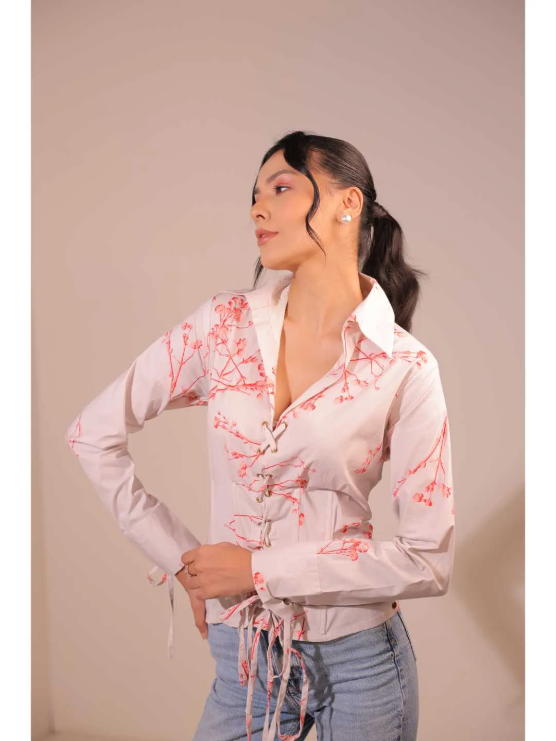 modish cotton lycra floral printed shirt collar corset with front rivets tie-up , full cuff sleeve top . -Off White