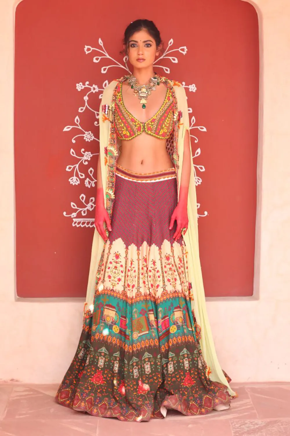 Multicolor Print Lehenga With Bodice And Cape Dupatta