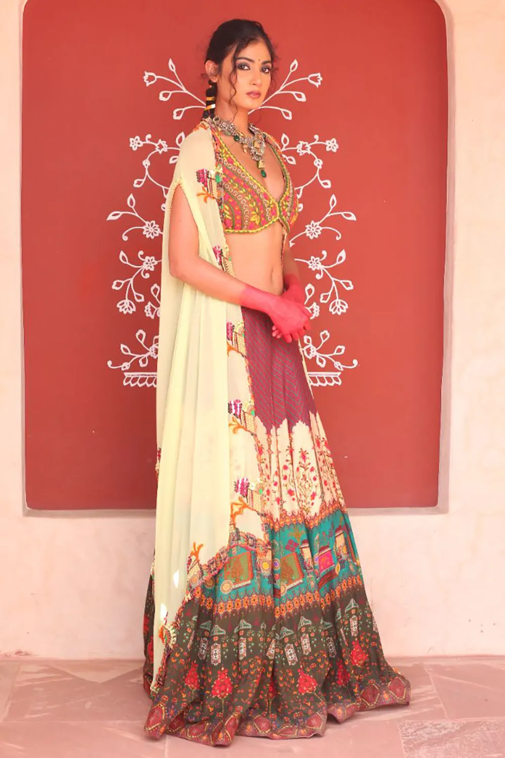 Multicolor Print Lehenga With Bodice And Cape Dupatta