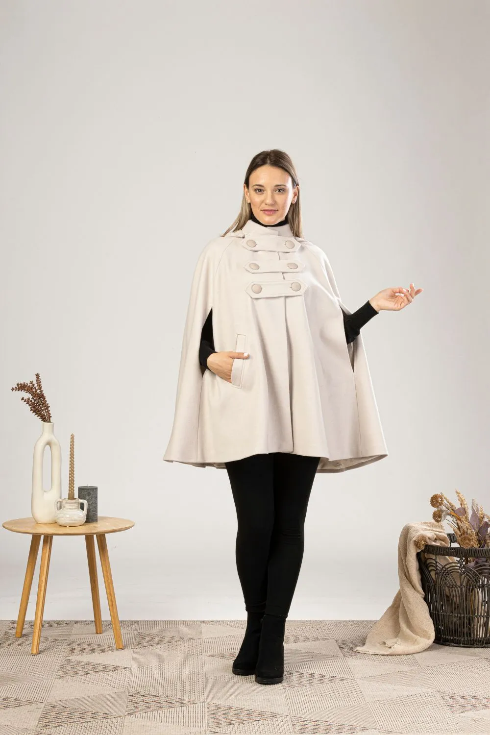 Off White Hooded Wool Cape Coat