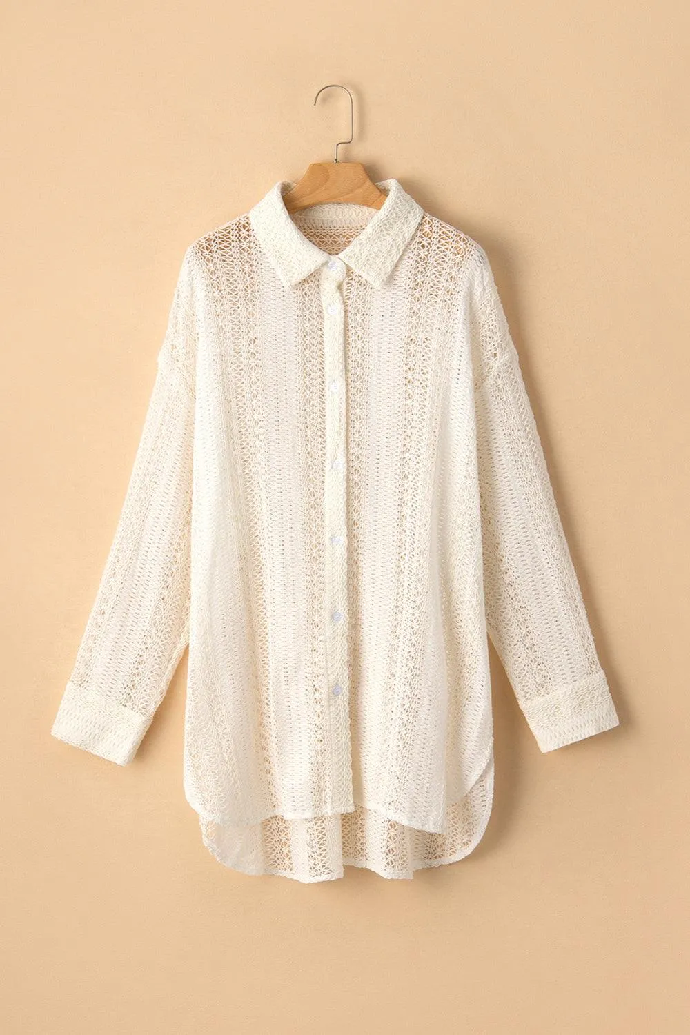 Openwork Collared Neck Long Sleeve Shirt