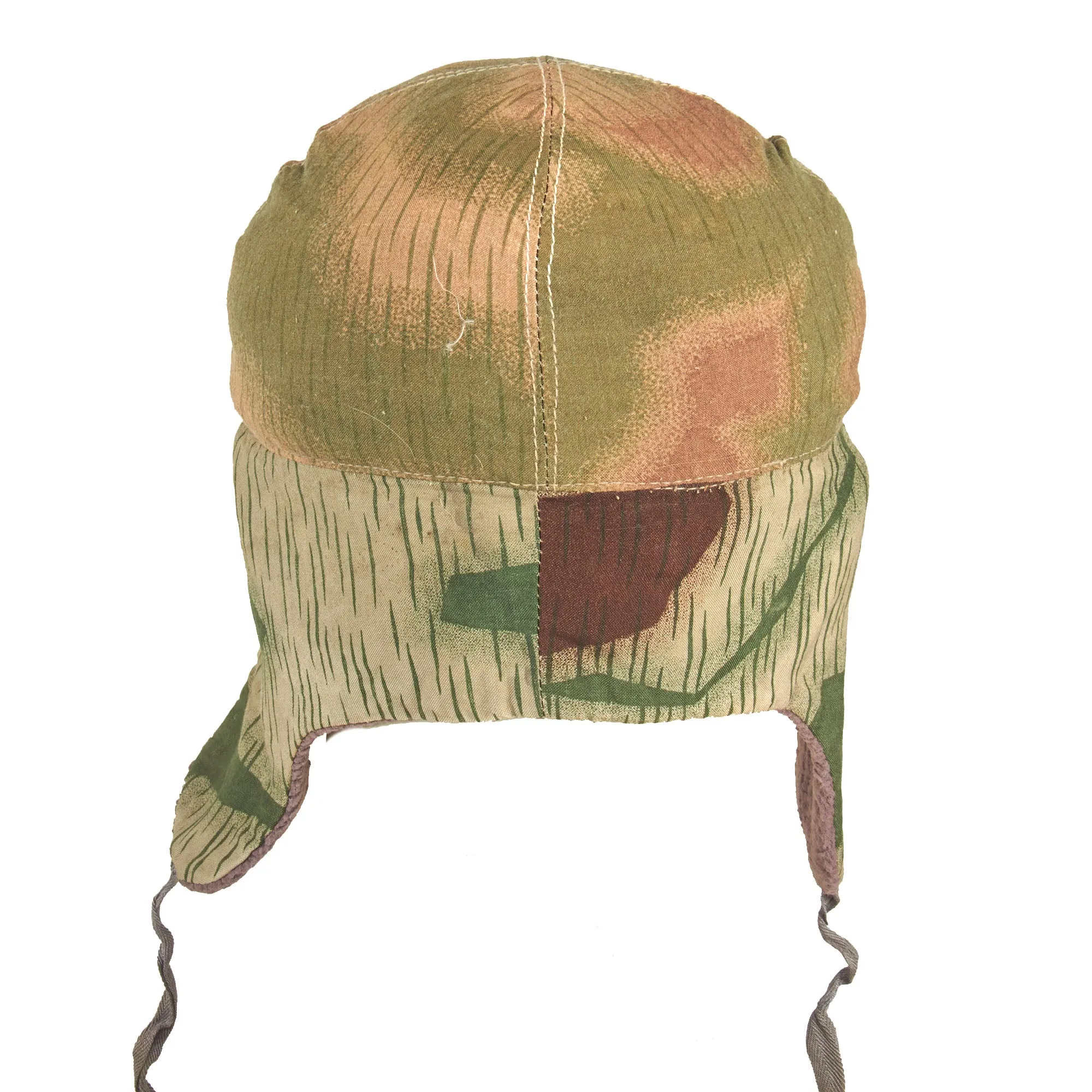 Original German WWII Custom Winter Cap Made From Swamp & Splinter Pattern Camo & Captured Soviet "Fish Fur" Insulation