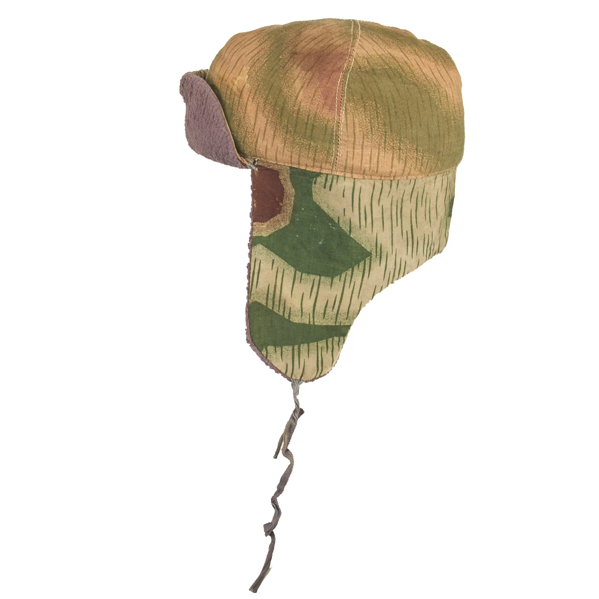 Original German WWII Custom Winter Cap Made From Swamp & Splinter Pattern Camo & Captured Soviet "Fish Fur" Insulation