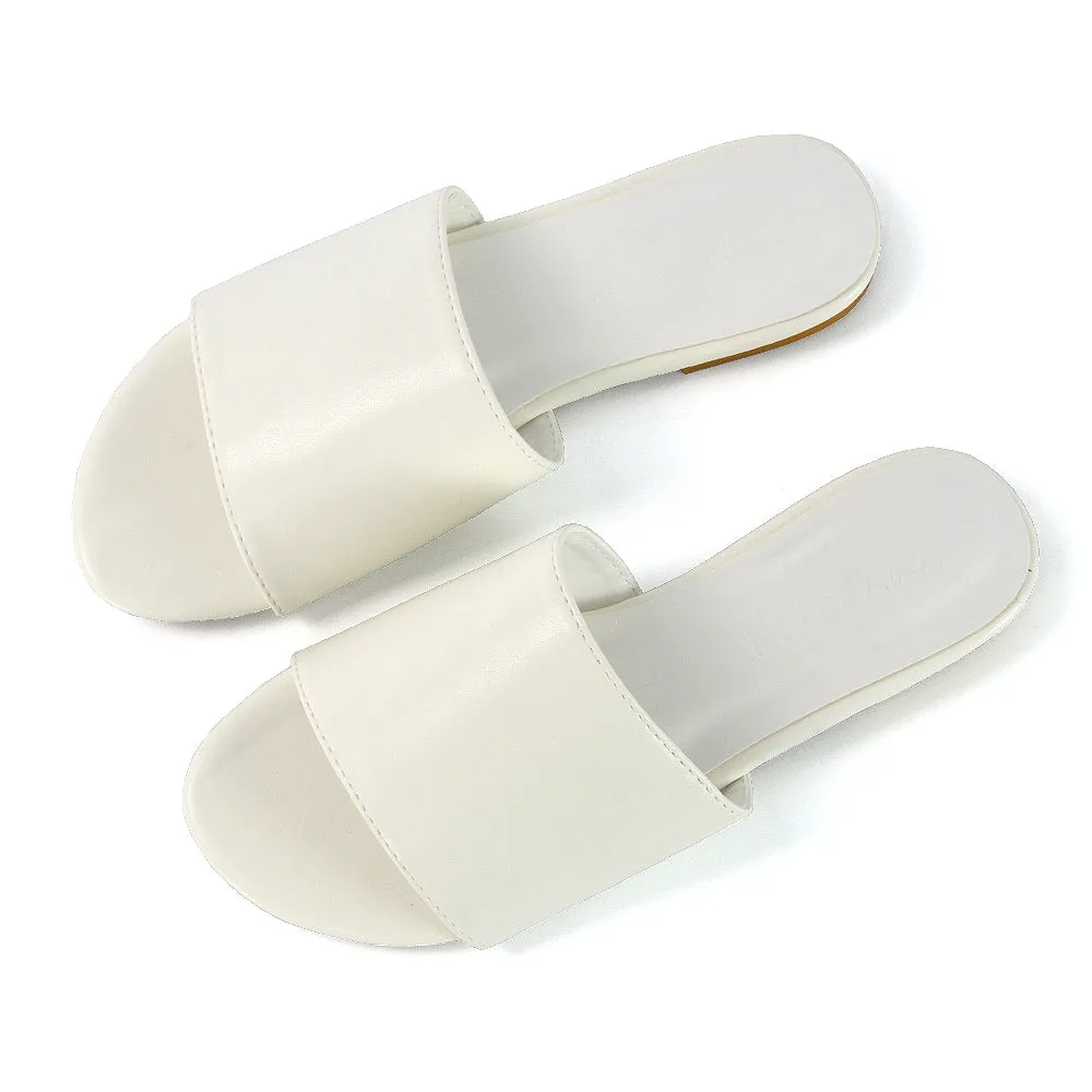 Peony Flat Strappy Slip on Slider Summer Sandals in White Synthetic Leather