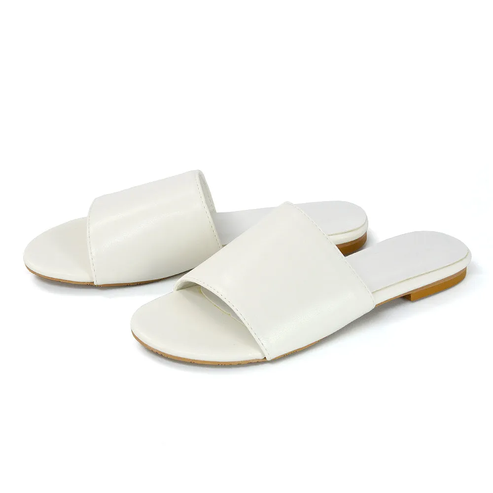 Peony Flat Strappy Slip on Slider Summer Sandals in White Synthetic Leather