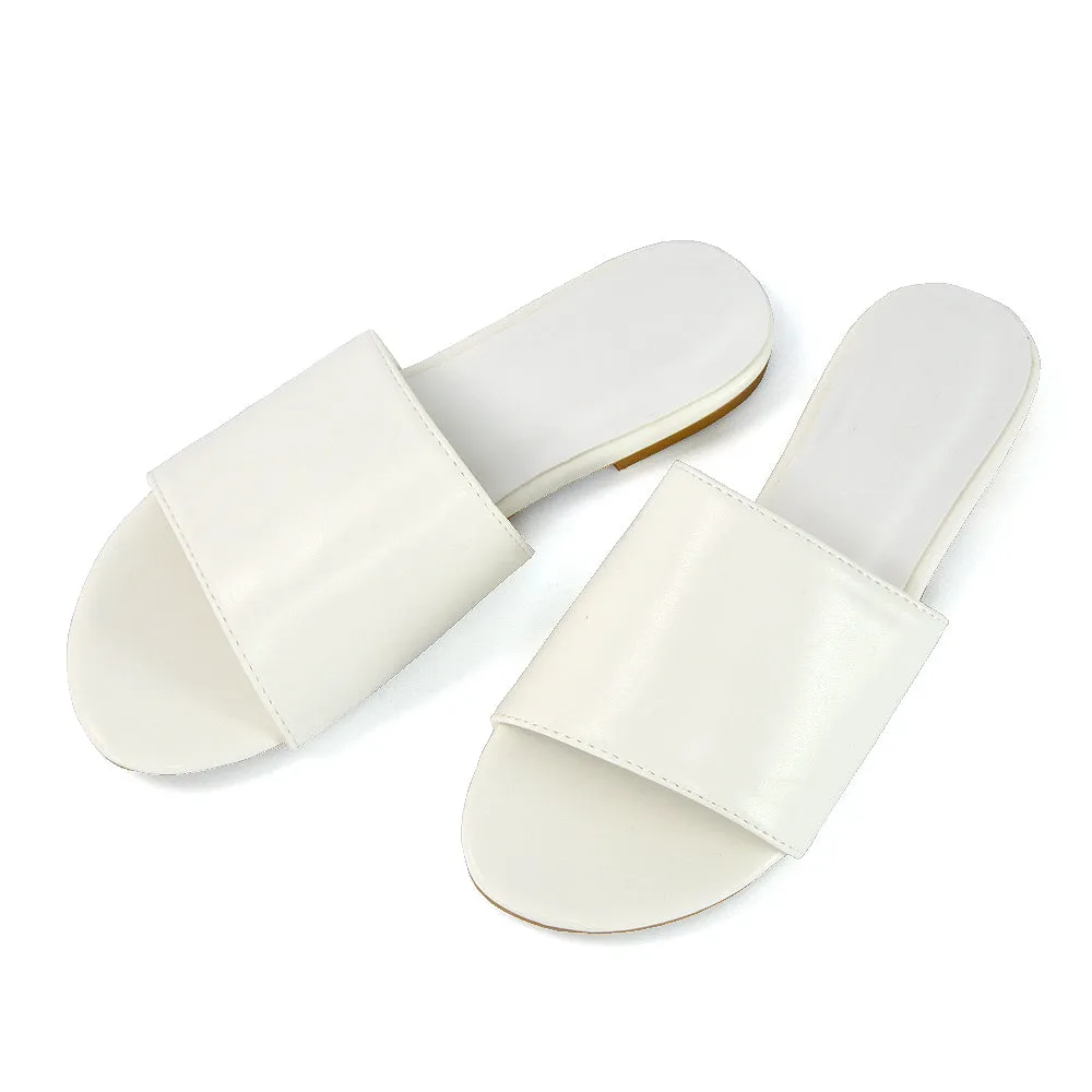 Peony Flat Strappy Slip on Slider Summer Sandals in White Synthetic Leather