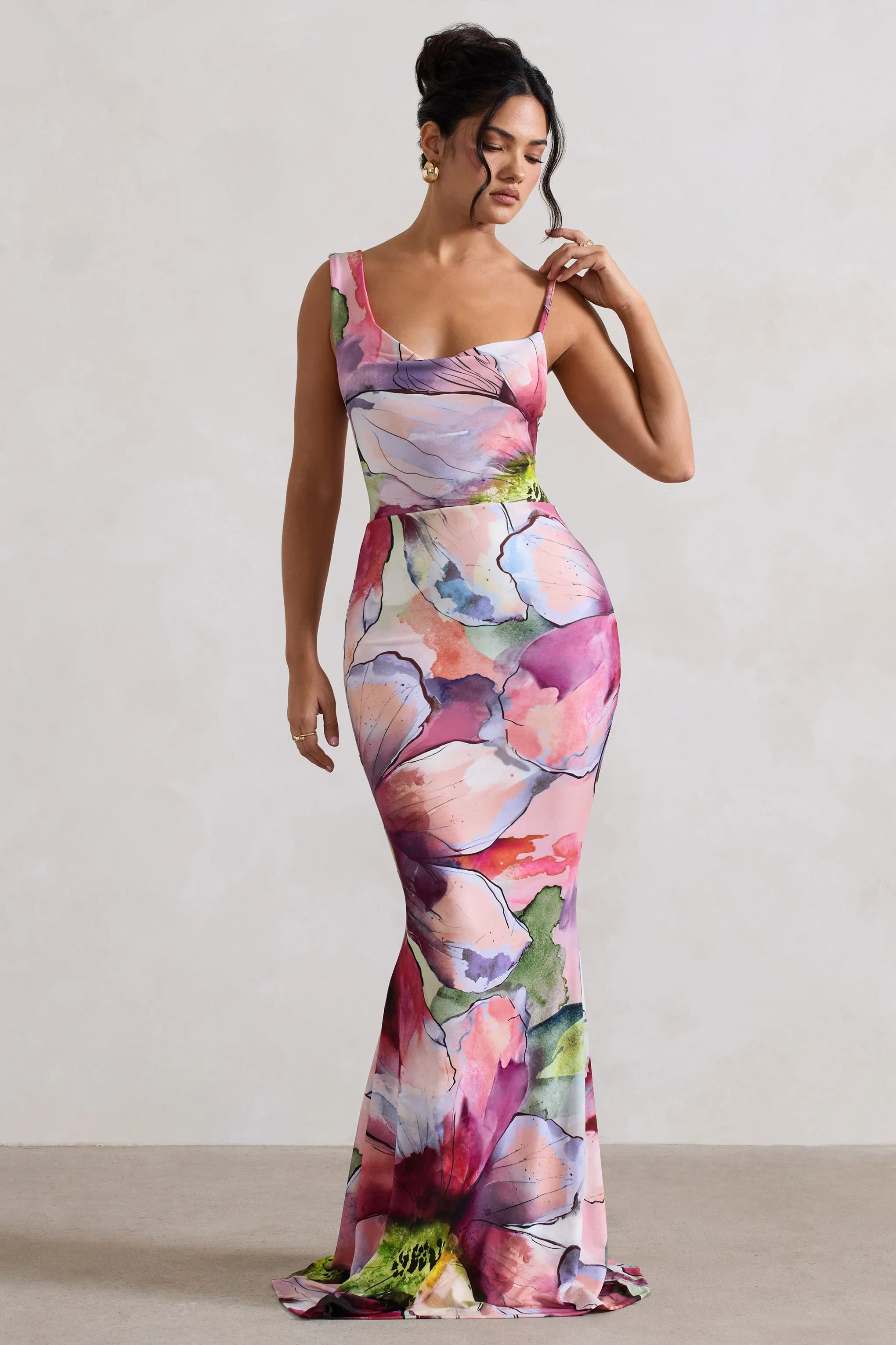 Phantasy | Pink Floral Print Asymmetric Neckline Cowl Maxi Dress