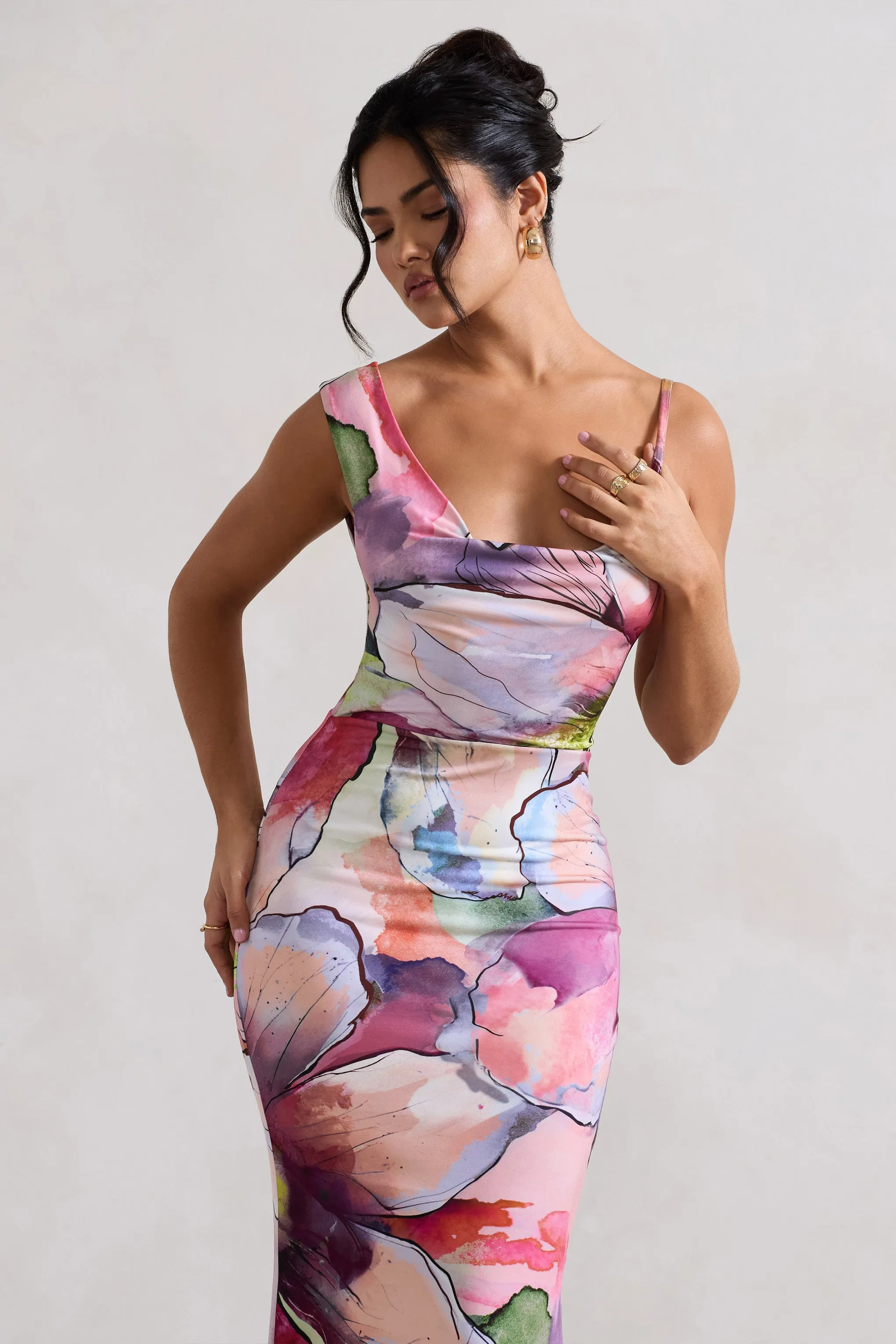 Phantasy | Pink Floral Print Asymmetric Neckline Cowl Maxi Dress