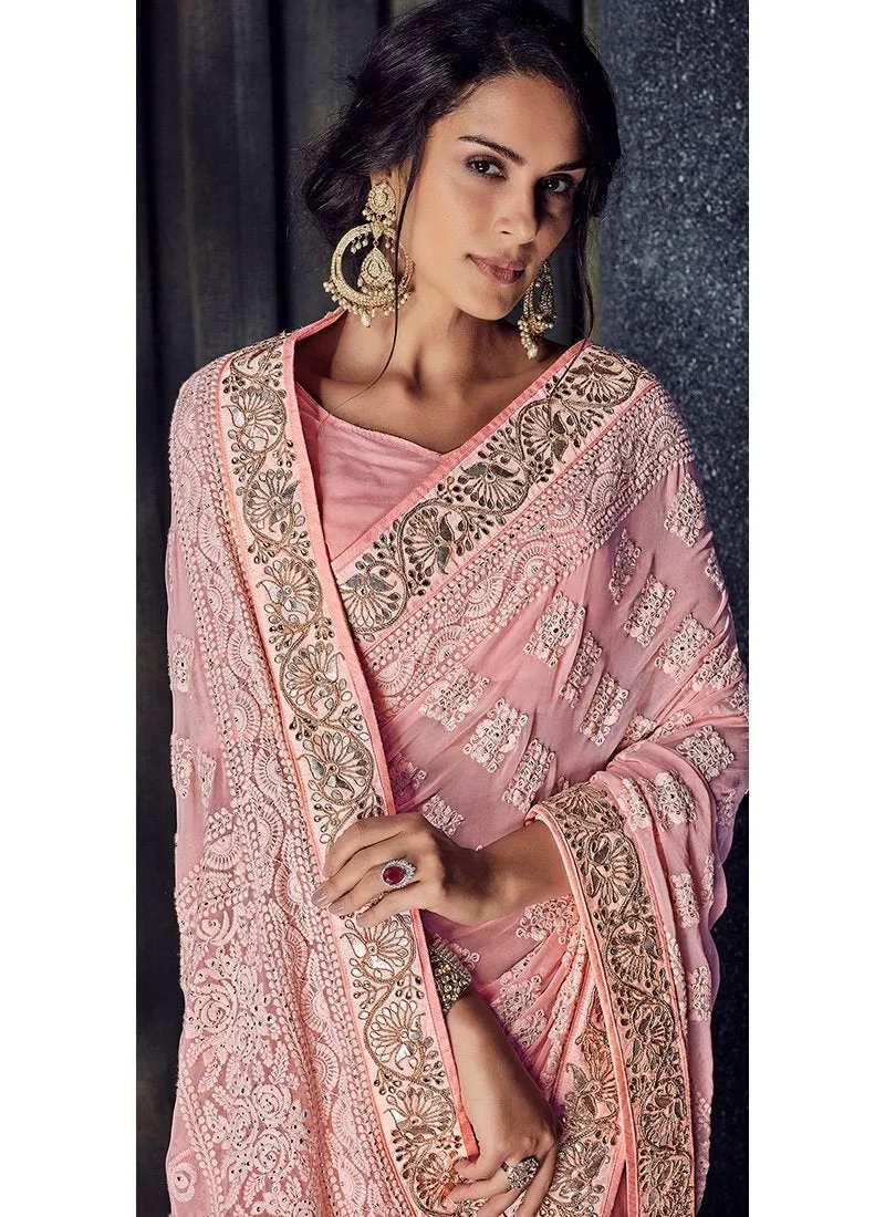 Pink Overall Chikankari Embroidered Designer Saree