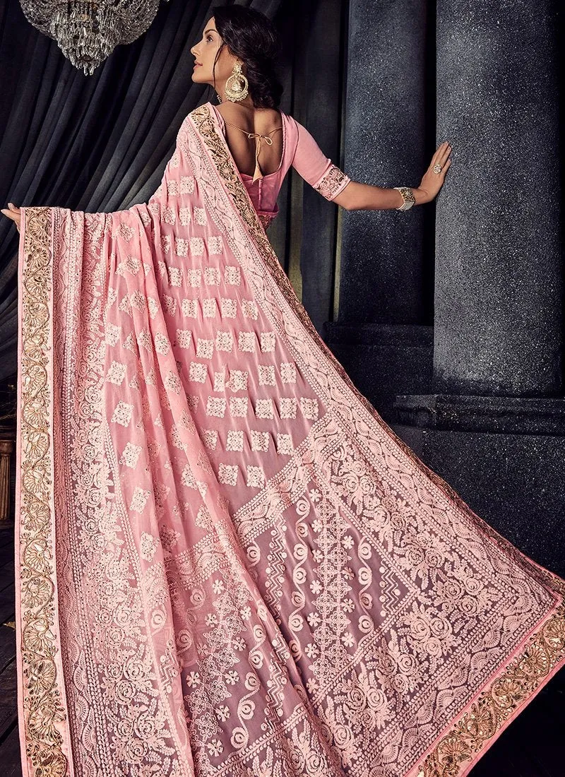 Pink Overall Chikankari Embroidered Designer Saree